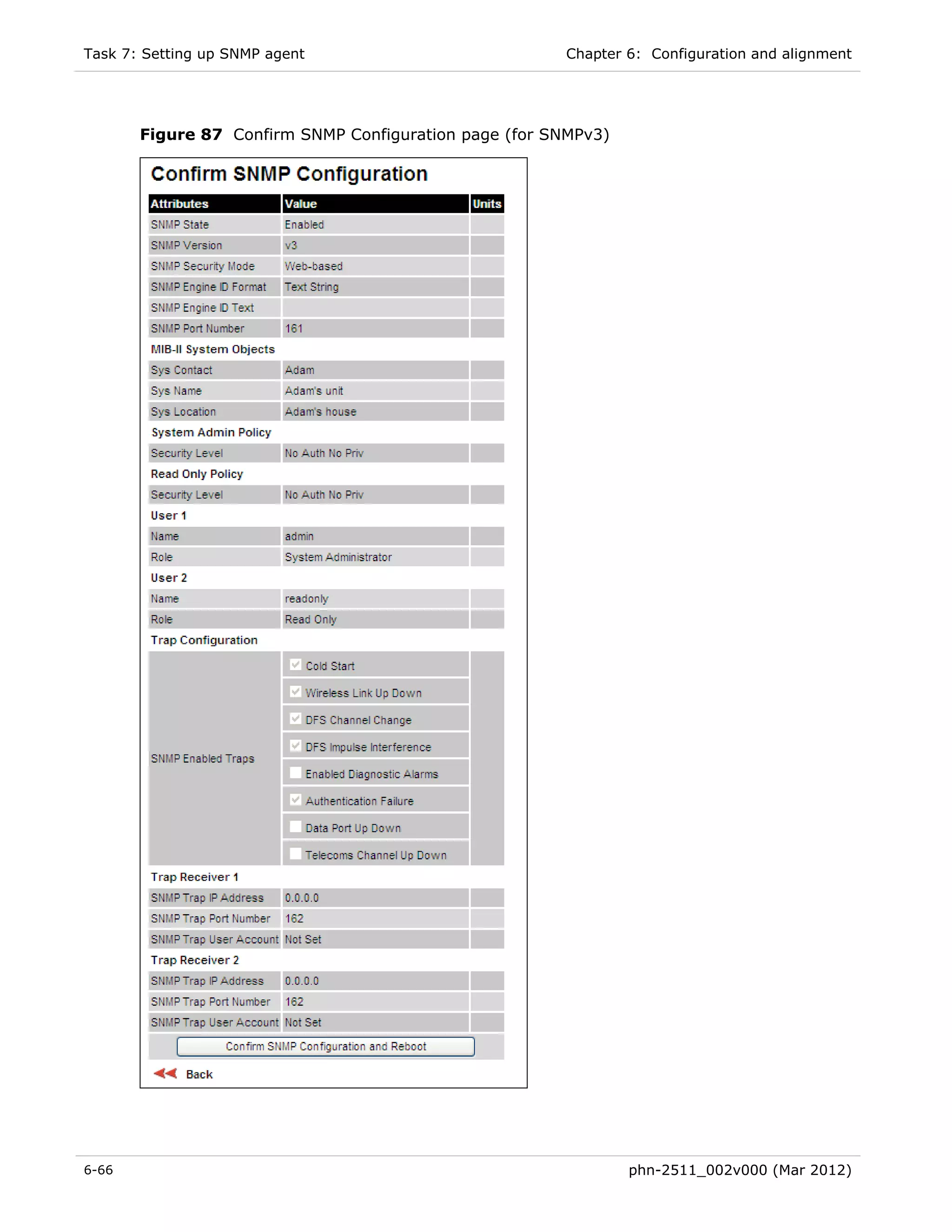 Task 7: Setting up SNMP agent                          Chapter 6: Configuration and alignment




       Figure 87 Confirm SNMP Configuration page (for SNMPv3)




6-66                                                            phn-2511_002v000 (Mar 2012)
 