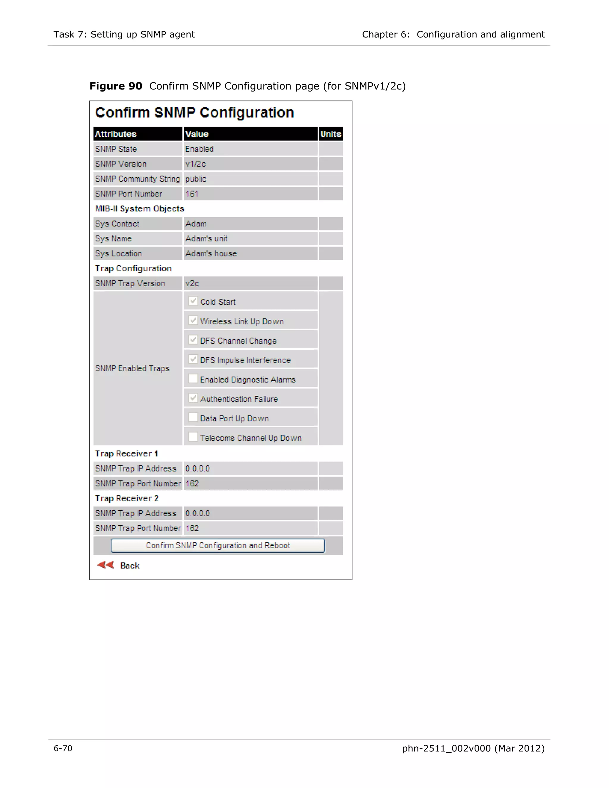 Task 7: Setting up SNMP agent                           Chapter 6: Configuration and alignment




       Figure 90 Confirm SNMP Configuration page (for SNMPv1/2c)




6-70                                                            phn-2511_002v000 (Mar 2012)
 