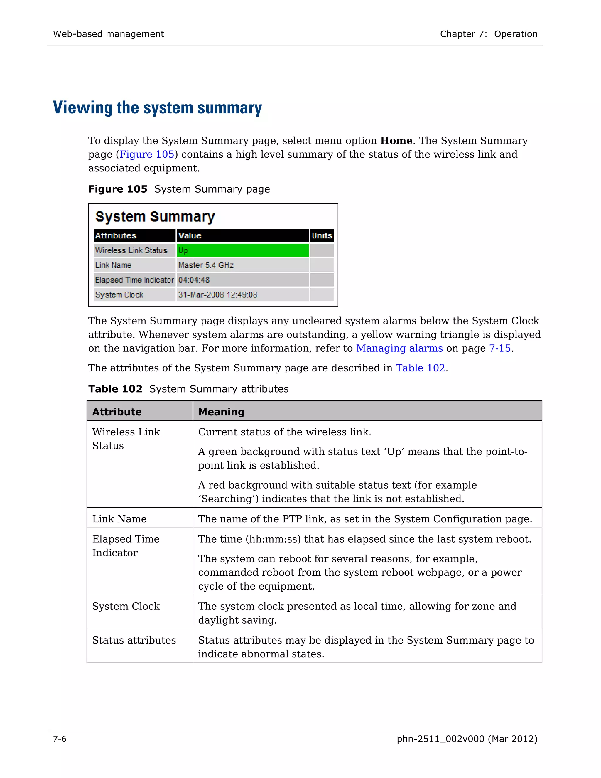 Web-based management                                                       Chapter 7: Operation




Viewing the system summary
      To display the System Summary page, select menu option Home. The System Summary
      page (Figure 105) contains a high level summary of the status of the wireless link and
      associated equipment.

      Figure 105 System Summary page




      The System Summary page displays any uncleared system alarms below the System Clock
      attribute. Whenever system alarms are outstanding, a yellow warning triangle is displayed
      on the navigation bar. For more information, refer to Managing alarms on page 7-15.

      The attributes of the System Summary page are described in Table 102.

      Table 102 System Summary attributes

       Attribute           Meaning

       Wireless Link       Current status of the wireless link.
       Status
                           A green background with status text ‘Up’ means that the point-to-
                           point link is established.
                           A red background with suitable status text (for example
                           ‘Searching’) indicates that the link is not established.

       Link Name           The name of the PTP link, as set in the System Configuration page.

       Elapsed Time        The time (hh:mm:ss) that has elapsed since the last system reboot.
       Indicator
                           The system can reboot for several reasons, for example,
                           commanded reboot from the system reboot webpage, or a power
                           cycle of the equipment.

       System Clock        The system clock presented as local time, allowing for zone and
                           daylight saving.

       Status attributes   Status attributes may be displayed in the System Summary page to
                           indicate abnormal states.




7-6                                                               phn-2511_002v000 (Mar 2012)
 