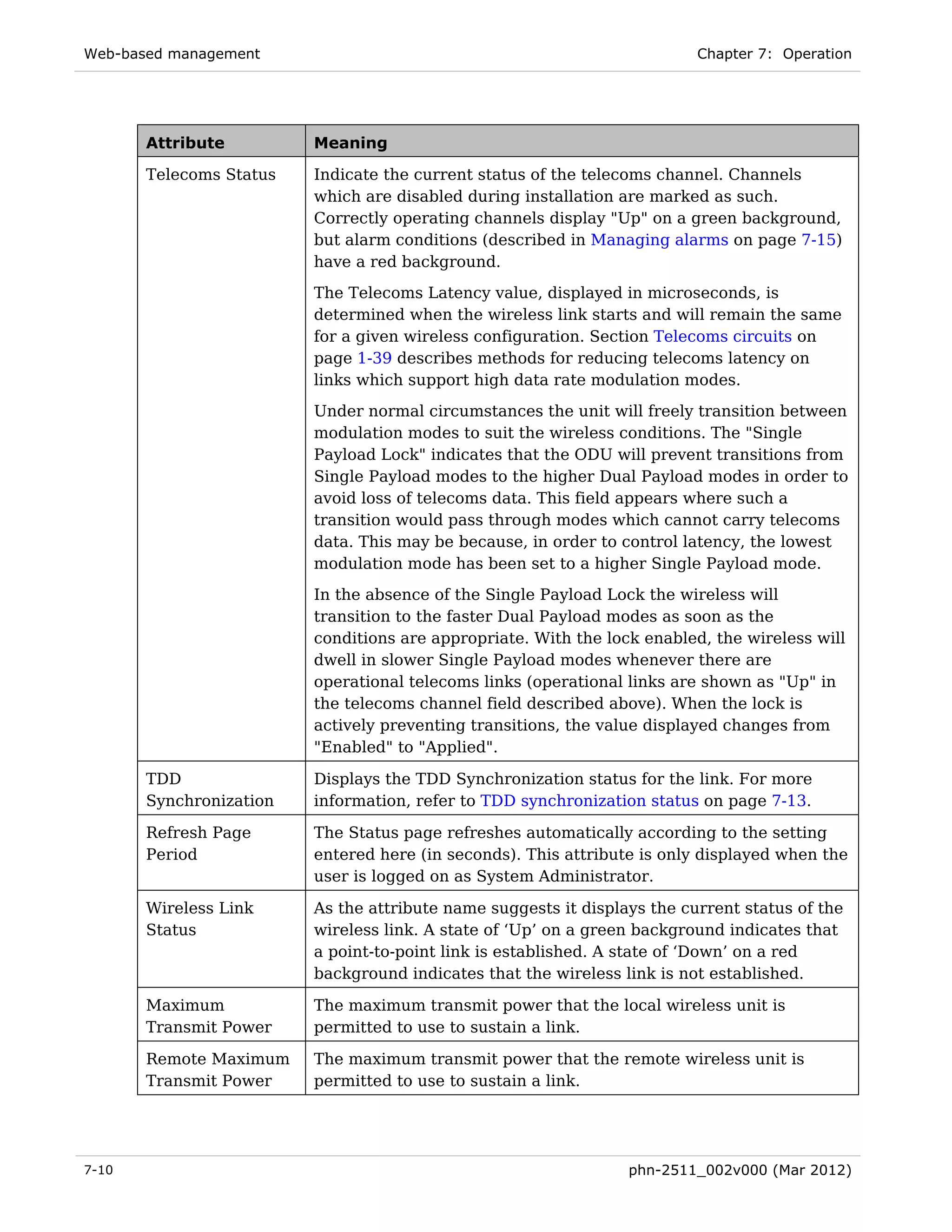 Web-based management                                                      Chapter 7: Operation




       Attribute         Meaning

       Telecoms Status   Indicate the current status of the telecoms channel. Channels
                         which are disabled during installation are marked as such.
                         Correctly operating channels display "Up" on a green background,
                         but alarm conditions (described in Managing alarms on page 7-15)
                         have a red background.
                         The Telecoms Latency value, displayed in microseconds, is
                         determined when the wireless link starts and will remain the same
                         for a given wireless configuration. Section Telecoms circuits on
                         page 1-39 describes methods for reducing telecoms latency on
                         links which support high data rate modulation modes.

                         Under normal circumstances the unit will freely transition between
                         modulation modes to suit the wireless conditions. The "Single
                         Payload Lock" indicates that the ODU will prevent transitions from
                         Single Payload modes to the higher Dual Payload modes in order to
                         avoid loss of telecoms data. This field appears where such a
                         transition would pass through modes which cannot carry telecoms
                         data. This may be because, in order to control latency, the lowest
                         modulation mode has been set to a higher Single Payload mode.
                         In the absence of the Single Payload Lock the wireless will
                         transition to the faster Dual Payload modes as soon as the
                         conditions are appropriate. With the lock enabled, the wireless will
                         dwell in slower Single Payload modes whenever there are
                         operational telecoms links (operational links are shown as "Up" in
                         the telecoms channel field described above). When the lock is
                         actively preventing transitions, the value displayed changes from
                         "Enabled" to "Applied".

       TDD               Displays the TDD Synchronization status for the link. For more
       Synchronization   information, refer to TDD synchronization status on page 7-13.

       Refresh Page      The Status page refreshes automatically according to the setting
       Period            entered here (in seconds). This attribute is only displayed when the
                         user is logged on as System Administrator.

       Wireless Link     As the attribute name suggests it displays the current status of the
       Status            wireless link. A state of ‘Up’ on a green background indicates that
                         a point-to-point link is established. A state of ‘Down’ on a red
                         background indicates that the wireless link is not established.

       Maximum           The maximum transmit power that the local wireless unit is
       Transmit Power    permitted to use to sustain a link.

       Remote Maximum    The maximum transmit power that the remote wireless unit is
       Transmit Power    permitted to use to sustain a link.




7-10                                                             phn-2511_002v000 (Mar 2012)
 