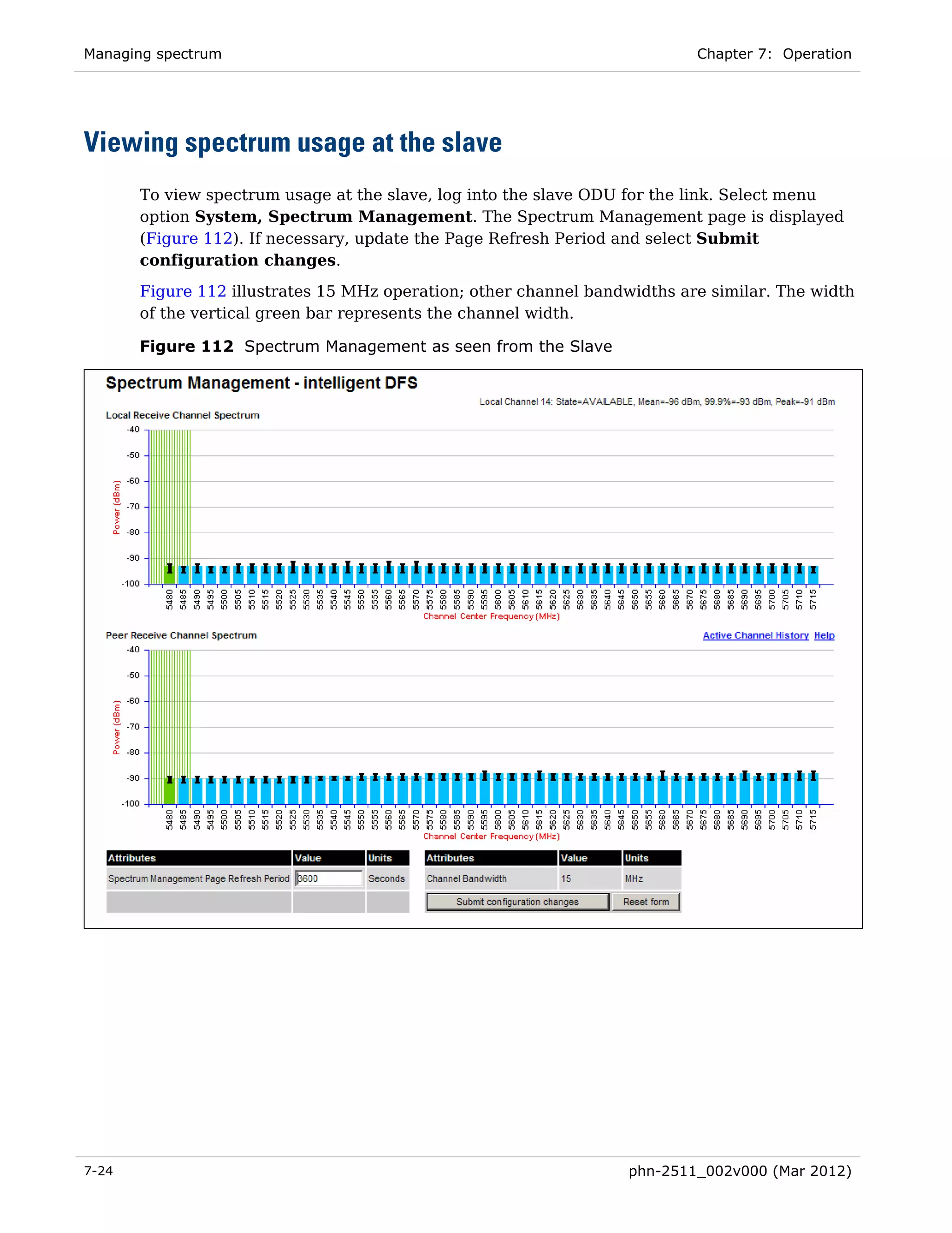 Managing spectrum                                                          Chapter 7: Operation




Viewing spectrum usage at the slave
       To view spectrum usage at the slave, log into the slave ODU for the link. Select menu
       option System, Spectrum Management. The Spectrum Management page is displayed
       (Figure 112). If necessary, update the Page Refresh Period and select Submit
       configuration changes.
       Figure 112 illustrates 15 MHz operation; other channel bandwidths are similar. The width
       of the vertical green bar represents the channel width.

       Figure 112 Spectrum Management as seen from the Slave




7-24                                                               phn-2511_002v000 (Mar 2012)
 