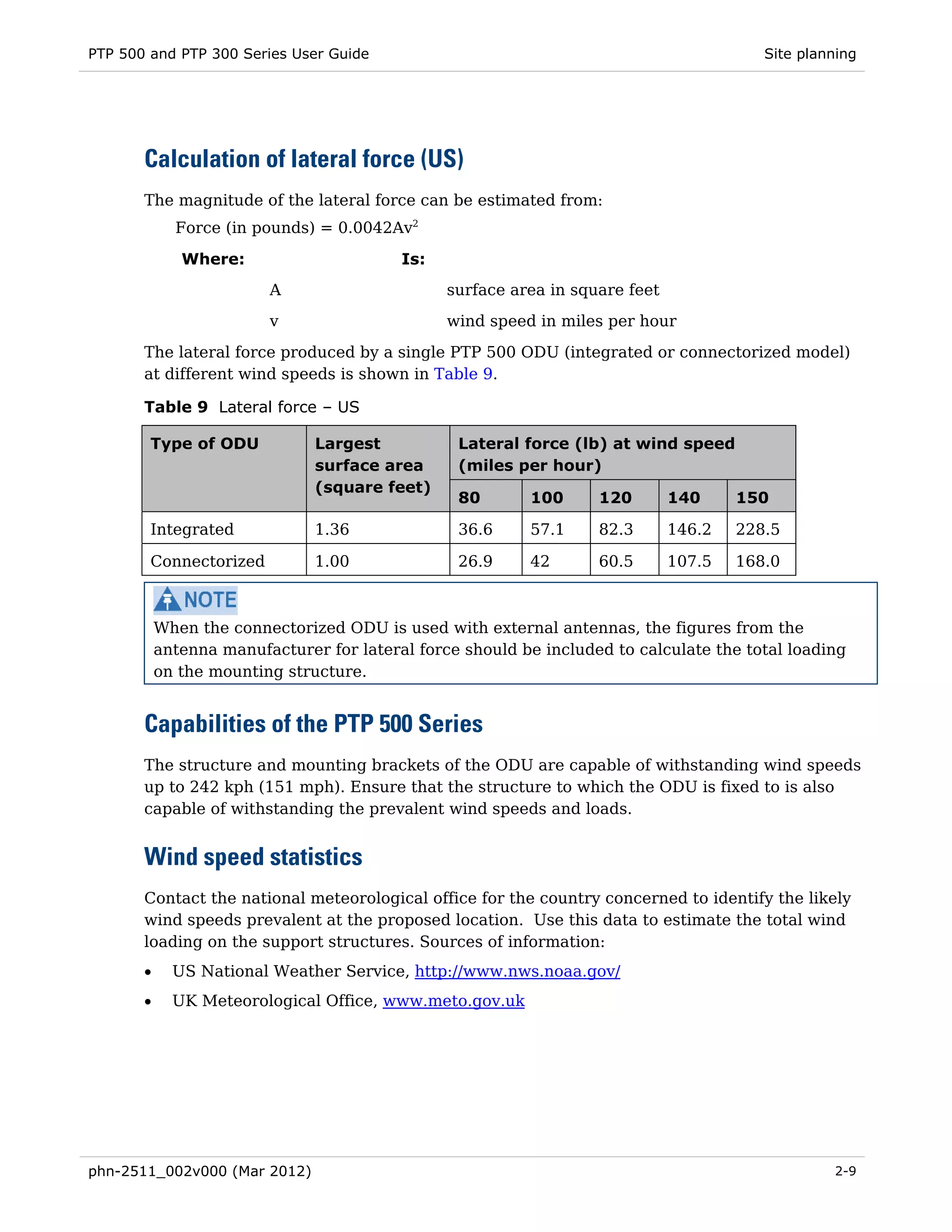 PTP 500 and PTP 300 Series User Guide                                                    Site planning




       Calculation of lateral force (US)
       The magnitude of the lateral force can be estimated from:
             Force (in pounds) = 0.0042Av2

              Where:                      Is:
                         A                      surface area in square feet
                         v                      wind speed in miles per hour
       The lateral force produced by a single PTP 500 ODU (integrated or connectorized model)
       at different wind speeds is shown in Table 9.

       Table 9 Lateral force – US

        Type of ODU            Largest           Lateral force (lb) at wind speed
                               surface area      (miles per hour)
                               (square feet)
                                                 80       100      120        140     150

        Integrated             1.36              36.6     57.1     82.3       146.2   228.5

        Connectorized          1.00              26.9     42       60.5       107.5   168.0



           When the connectorized ODU is used with external antennas, the figures from the
           antenna manufacturer for lateral force should be included to calculate the total loading
           on the mounting structure.


       Capabilities of the PTP 500 Series
       The structure and mounting brackets of the ODU are capable of withstanding wind speeds
       up to 242 kph (151 mph). Ensure that the structure to which the ODU is fixed to is also
       capable of withstanding the prevalent wind speeds and loads.


       Wind speed statistics
       Contact the national meteorological office for the country concerned to identify the likely
       wind speeds prevalent at the proposed location. Use this data to estimate the total wind
       loading on the support structures. Sources of information:
       •     US National Weather Service, http://www.nws.noaa.gov/
       •     UK Meteorological Office, www.meto.gov.uk




phn-2511_002v000 (Mar 2012)                                                                       2-9
 
