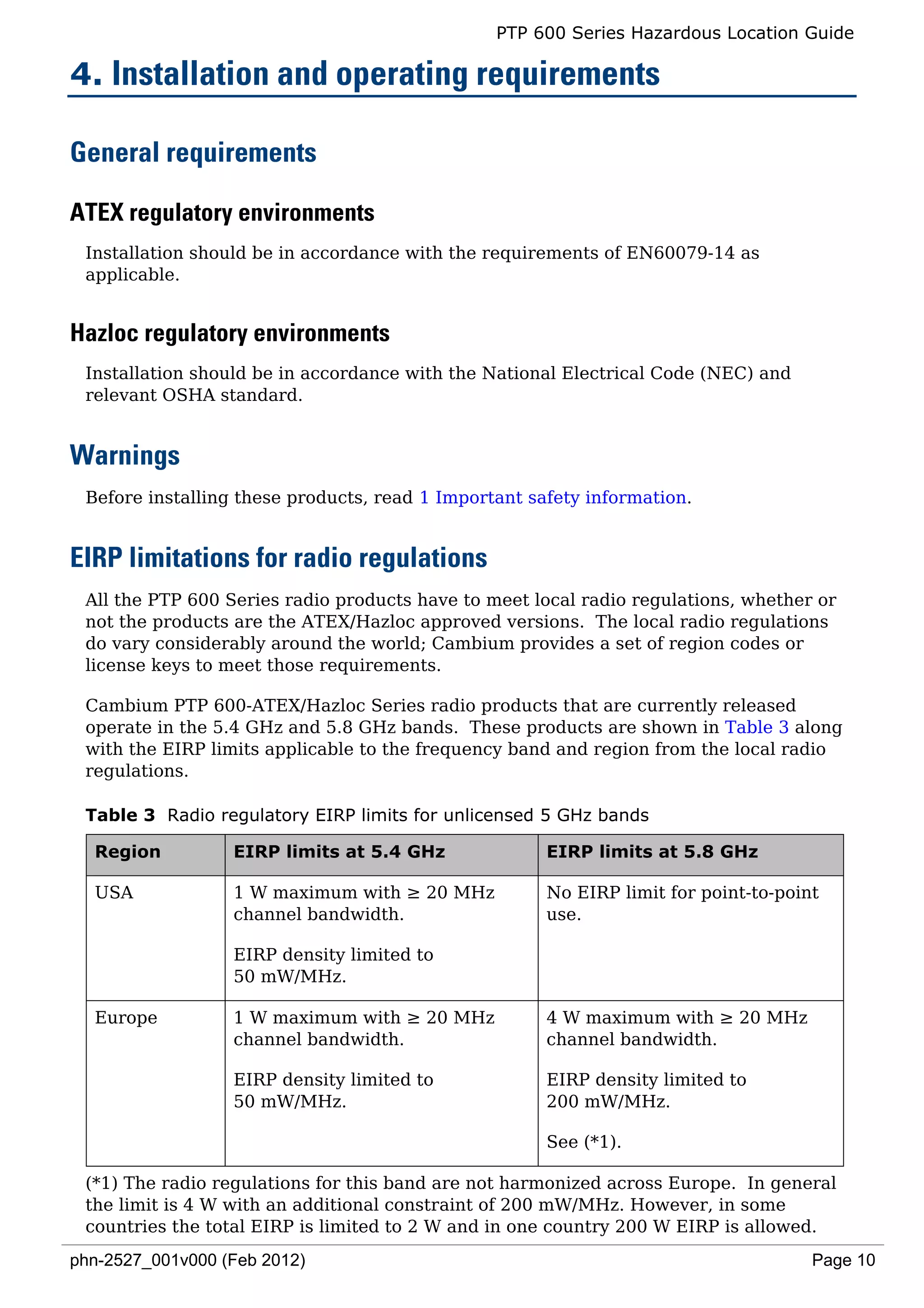 PTP 600 Series Hazardous Location Guide

4. Installation and operating requirements

General requirements

ATEX regulatory environments
 Installation should be in accordance with the requirements of EN60079-14 as
 applicable.


Hazloc regulatory environments
 Installation should be in accordance with the National Electrical Code (NEC) and
 relevant OSHA standard.


Warnings
 Before installing these products, read 1 Important safety information.


EIRP limitations for radio regulations
 All the PTP 600 Series radio products have to meet local radio regulations, whether or
 not the products are the ATEX/Hazloc approved versions. The local radio regulations
 do vary considerably around the world; Cambium provides a set of region codes or
 license keys to meet those requirements.

 Cambium PTP 600-ATEX/Hazloc Series radio products that are currently released
 operate in the 5.4 GHz and 5.8 GHz bands. These products are shown in Table 3 along
 with the EIRP limits applicable to the frequency band and region from the local radio
 regulations.

 Table 3 Radio regulatory EIRP limits for unlicensed 5 GHz bands

  Region          EIRP limits at 5.4 GHz              EIRP limits at 5.8 GHz

  USA             1 W maximum with ≥ 20 MHz           No EIRP limit for point-to-point
                  channel bandwidth.                  use.

                  EIRP density limited to
                  50 mW/MHz.

  Europe          1 W maximum with ≥ 20 MHz           4 W maximum with ≥ 20 MHz
                  channel bandwidth.                  channel bandwidth.

                  EIRP density limited to             EIRP density limited to
                  50 mW/MHz.                          200 mW/MHz.

                                                      See (*1).

 (*1) The radio regulations for this band are not harmonized across Europe. In general
 the limit is 4 W with an additional constraint of 200 mW/MHz. However, in some
 countries the total EIRP is limited to 2 W and in one country 200 W EIRP is allowed.
phn-2527_001v000 (Feb 2012)                                                          Page 10
 