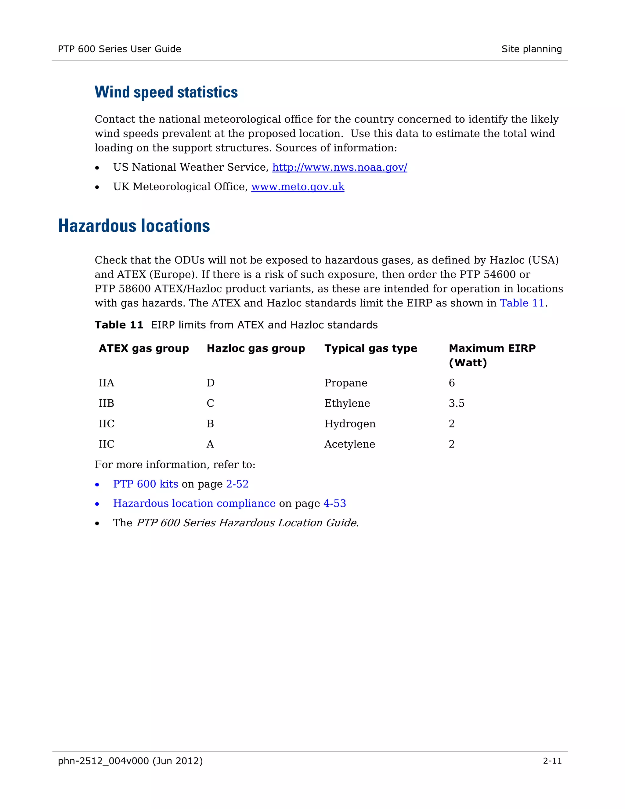 PTP 600 Series User Guide                                                             Site planning



       Wind speed statistics
       Contact the national meteorological office for the country concerned to identify the likely
       wind speeds prevalent at the proposed location. Use this data to estimate the total wind
       loading on the support structures. Sources of information:
       •   US National Weather Service, http://www.nws.noaa.gov/
       •   UK Meteorological Office, www.meto.gov.uk



Hazardous locations
       Check that the ODUs will not be exposed to hazardous gases, as defined by Hazloc (USA)
       and ATEX (Europe). If there is a risk of such exposure, then order the PTP 54600 or
       PTP 58600 ATEX/Hazloc product variants, as these are intended for operation in locations
       with gas hazards. The ATEX and Hazloc standards limit the EIRP as shown in Table 11.

       Table 11 EIRP limits from ATEX and Hazloc standards

        ATEX gas group        Hazloc gas group      Typical gas type        Maximum EIRP
                                                                            (Watt)
        IIA                   D                     Propane                 6
        IIB                   C                     Ethylene                3.5

        IIC                   B                     Hydrogen                2
        IIC                   A                     Acetylene               2
       For more information, refer to:
       •   PTP 600 kits on page 2-52
       •   Hazardous location compliance on page 4-53
       •   The PTP 600 Series Hazardous Location Guide.




phn-2512_004v000 (Jun 2012)                                                                   2-11
 