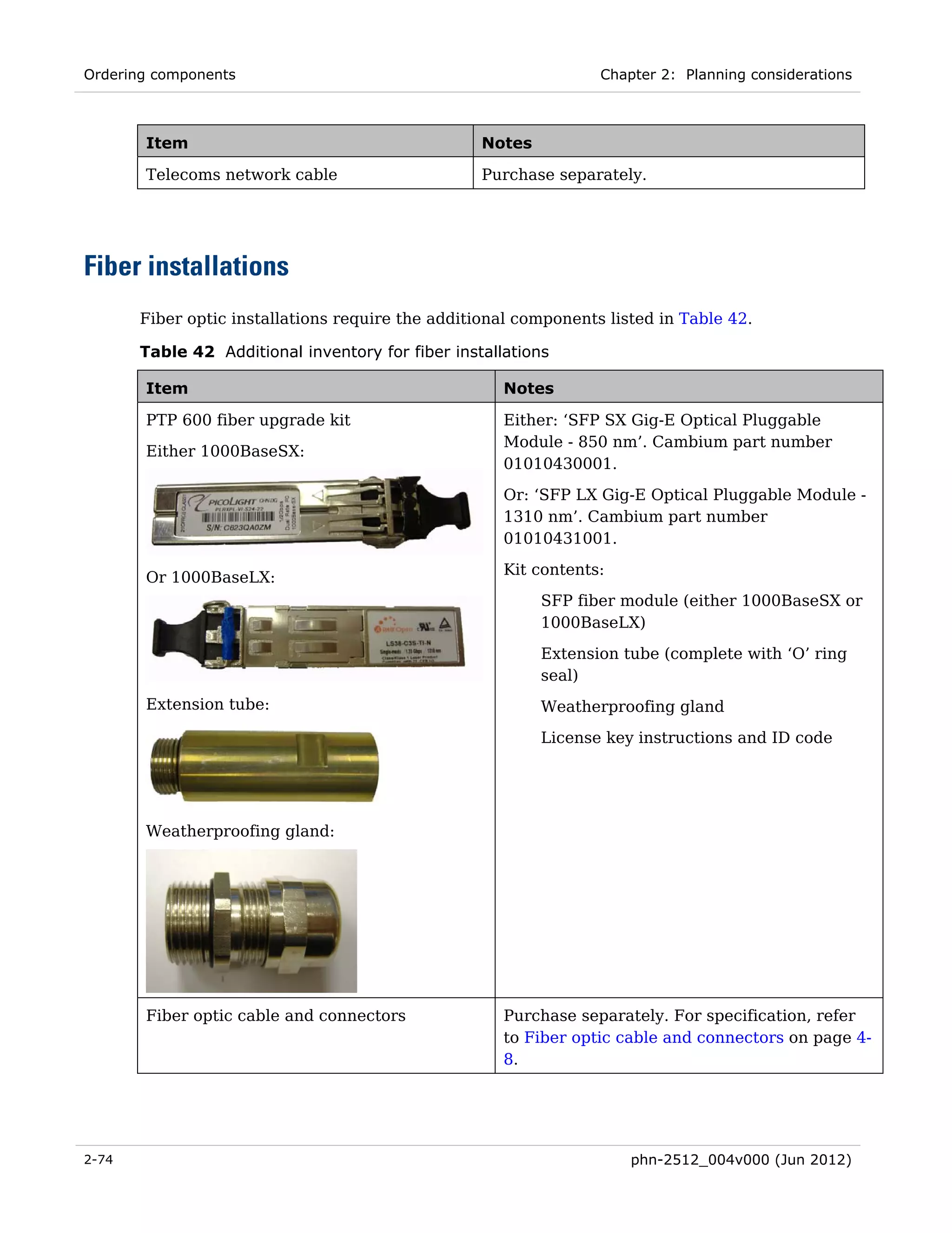 Ordering components                                               Chapter 2: Planning considerations



       Item                                        Notes

       Telecoms network cable                      Purchase separately.




Fiber installations
       Fiber optic installations require the additional components listed in Table 42.

       Table 42 Additional inventory for fiber installations

       Item                                           Notes

       PTP 600 fiber upgrade kit                      Either: ‘SFP SX Gig-E Optical Pluggable
                                                      Module - 850 nm’. Cambium part number
       Either 1000BaseSX:
                                                      01010430001.
                                                      Or: ‘SFP LX Gig-E Optical Pluggable Module -
                                                      1310 nm’. Cambium part number
                                                      01010431001.

       Or 1000BaseLX:                                 Kit contents:
                                                           SFP fiber module (either 1000BaseSX or
                                                           1000BaseLX)
                                                           Extension tube (complete with ‘O’ ring
                                                           seal)
       Extension tube:                                     Weatherproofing gland
                                                           License key instructions and ID code




       Weatherproofing gland:




       Fiber optic cable and connectors               Purchase separately. For specification, refer
                                                      to Fiber optic cable and connectors on page 4-
                                                      8.




2-74                                                                  phn-2512_004v000 (Jun 2012)
 