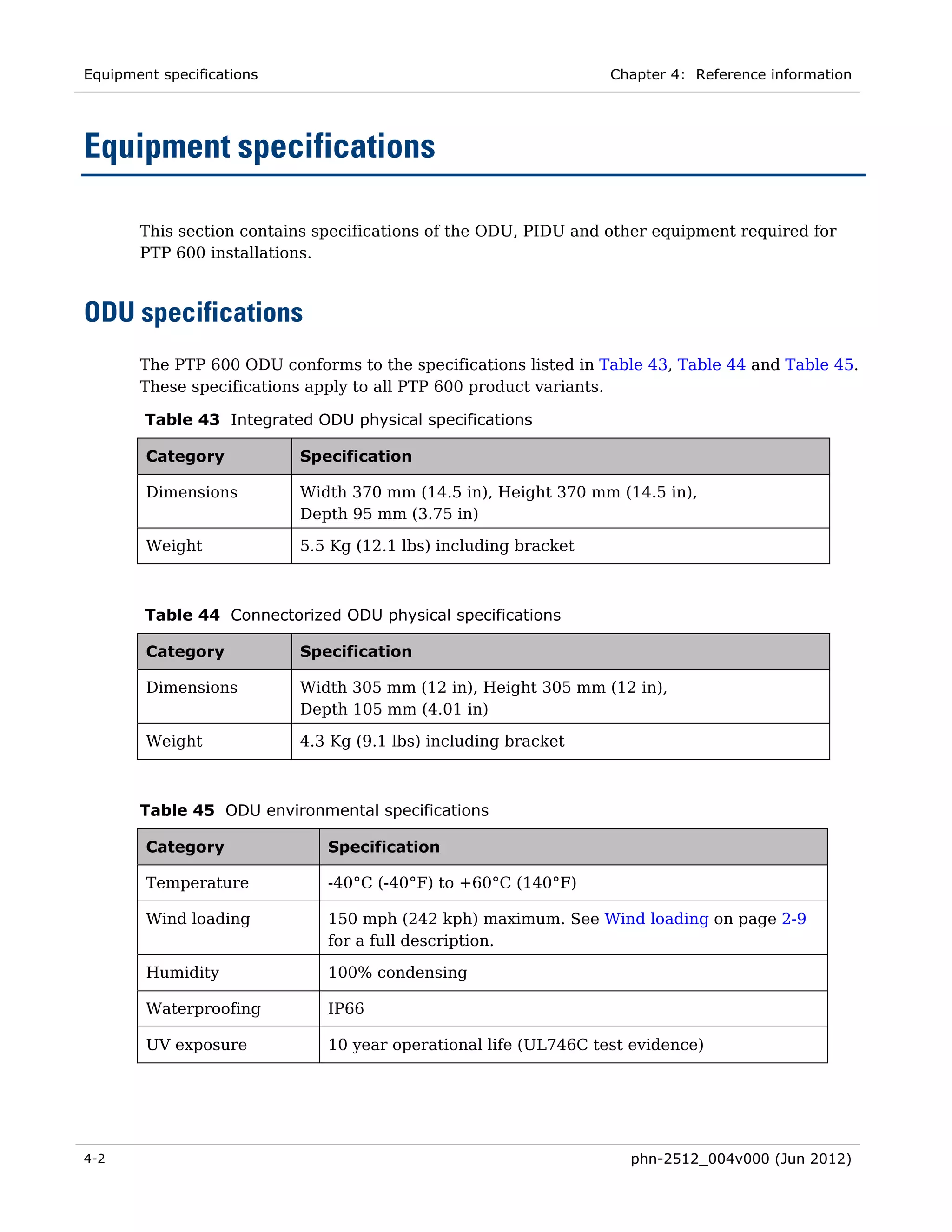 Equipment specifications                                         Chapter 4: Reference information




Equipment specifications

       This section contains specifications of the ODU, PIDU and other equipment required for
       PTP 600 installations.



ODU specifications
       The PTP 600 ODU conforms to the specifications listed in Table 43, Table 44 and Table 45.
       These specifications apply to all PTP 600 product variants.

        Table 43 Integrated ODU physical specifications

        Category           Specification

        Dimensions         Width 370 mm (14.5 in), Height 370 mm (14.5 in),
                           Depth 95 mm (3.75 in)

        Weight             5.5 Kg (12.1 lbs) including bracket



        Table 44 Connectorized ODU physical specifications

        Category           Specification

        Dimensions         Width 305 mm (12 in), Height 305 mm (12 in),
                           Depth 105 mm (4.01 in)

        Weight             4.3 Kg (9.1 lbs) including bracket



       Table 45 ODU environmental specifications

        Category              Specification

        Temperature           -40°C (-40°F) to +60°C (140°F)

        Wind loading          150 mph (242 kph) maximum. See Wind loading on page 2-9
                              for a full description.

        Humidity              100% condensing

        Waterproofing         IP66

        UV exposure           10 year operational life (UL746C test evidence)




4-2                                                                phn-2512_004v000 (Jun 2012)
 