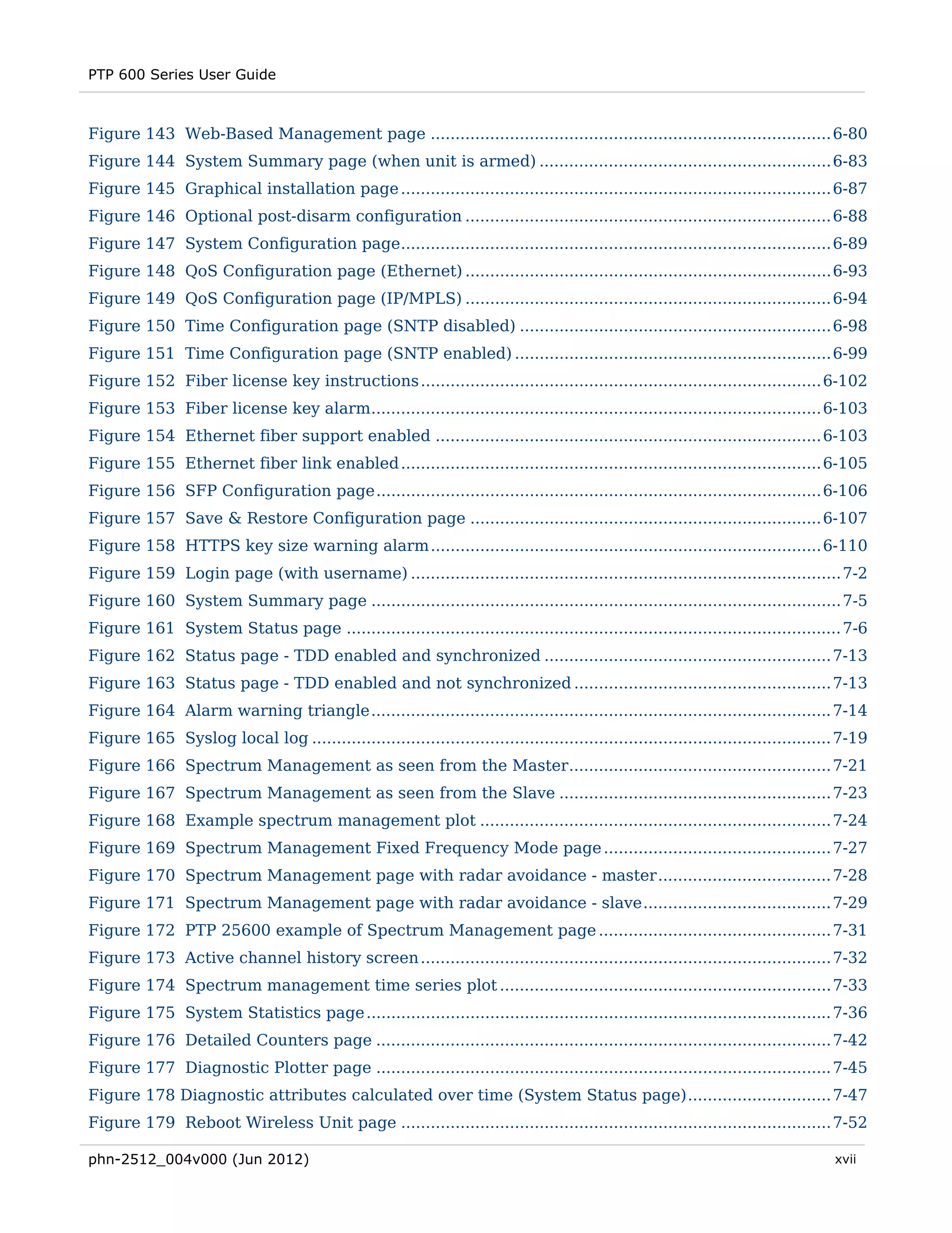 PTP 600 Series User Guide



Figure 143 Web-Based Management page ................................................................................. 6-80 
Figure 144 System Summary page (when unit is armed) ........................................................... 6-83 
Figure 145 Graphical installation page ....................................................................................... 6-87 
Figure 146 Optional post-disarm configuration .......................................................................... 6-88 
Figure 147 System Configuration page....................................................................................... 6-89 
Figure 148 QoS Configuration page (Ethernet) .......................................................................... 6-93 
Figure 149 QoS Configuration page (IP/MPLS) .......................................................................... 6-94 
Figure 150 Time Configuration page (SNTP disabled) ............................................................... 6-98 
Figure 151 Time Configuration page (SNTP enabled) ................................................................ 6-99 
Figure 152 Fiber license key instructions ................................................................................. 6-102 
Figure 153 Fiber license key alarm........................................................................................... 6-103 
Figure 154 Ethernet fiber support enabled .............................................................................. 6-103 
Figure 155 Ethernet fiber link enabled ..................................................................................... 6-105 
Figure 156 SFP Configuration page .......................................................................................... 6-106 
Figure 157 Save & Restore Configuration page ....................................................................... 6-107 
Figure 158 HTTPS key size warning alarm ............................................................................... 6-110 
Figure 159 Login page (with username) ....................................................................................... 7-2 
Figure 160 System Summary page ............................................................................................... 7-5 
Figure 161 System Status page .................................................................................................... 7-6 
Figure 162 Status page - TDD enabled and synchronized .......................................................... 7-13 
Figure 163 Status page - TDD enabled and not synchronized .................................................... 7-13 
Figure 164 Alarm warning triangle ............................................................................................. 7-14 
Figure 165 Syslog local log ......................................................................................................... 7-19 
Figure 166 Spectrum Management as seen from the Master ..................................................... 7-21 
Figure 167 Spectrum Management as seen from the Slave ....................................................... 7-23 
Figure 168 Example spectrum management plot ....................................................................... 7-24 
Figure 169 Spectrum Management Fixed Frequency Mode page .............................................. 7-27 
Figure 170 Spectrum Management page with radar avoidance - master ................................... 7-28 
Figure 171 Spectrum Management page with radar avoidance - slave ...................................... 7-29 
Figure 172 PTP 25600 example of Spectrum Management page ............................................... 7-31 
Figure 173 Active channel history screen ................................................................................... 7-32 
Figure 174 Spectrum management time series plot ................................................................... 7-33 
Figure 175 System Statistics page .............................................................................................. 7-36 
Figure 176 Detailed Counters page ............................................................................................ 7-42 
Figure 177 Diagnostic Plotter page ............................................................................................ 7-45 
Figure 178 Diagnostic attributes calculated over time (System Status page) ............................. 7-47 
Figure 179 Reboot Wireless Unit page ....................................................................................... 7-52 

phn-2512_004v000 (Jun 2012)                                                                                                         xvii
 