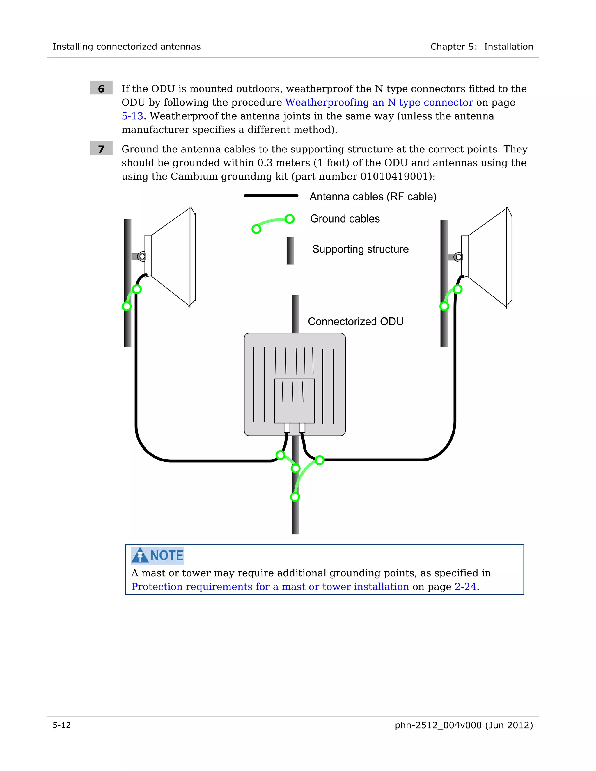 Installing connectorized antennas                                           Chapter 5: Installation



          6    If the ODU is mounted outdoors, weatherproof the N type connectors fitted to the
               ODU by following the procedure Weatherproofing an N type connector on page
               5-13. Weatherproof the antenna joints in the same way (unless the antenna
               manufacturer specifies a different method).

          7    Ground the antenna cables to the supporting structure at the correct points. They
               should be grounded within 0.3 meters (1 foot) of the ODU and antennas using the
               using the Cambium grounding kit (part number 01010419001):




                 A mast or tower may require additional grounding points, as specified in
                 Protection requirements for a mast or tower installation on page 2-24.




5-12                                                                 phn-2512_004v000 (Jun 2012)
 
