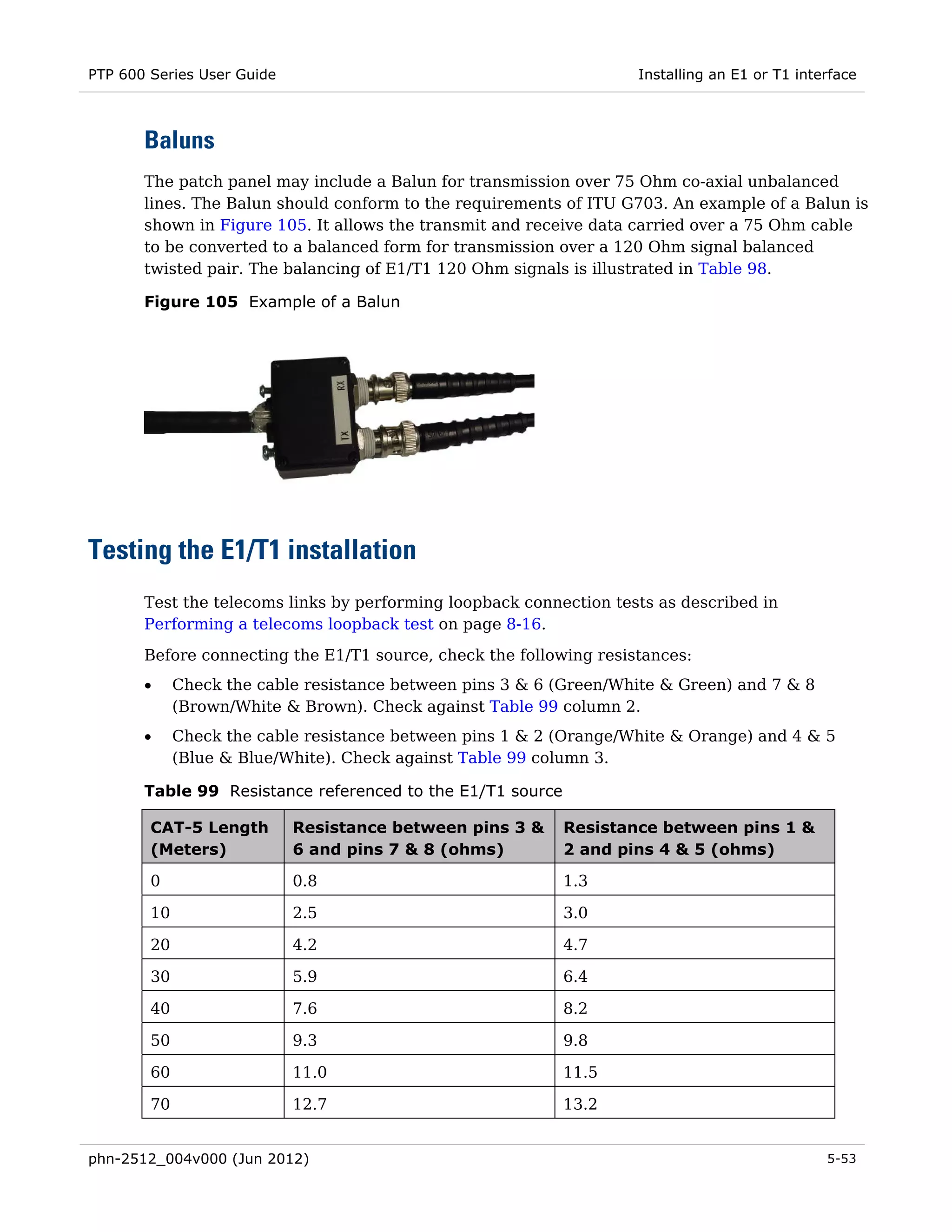 PTP 600 Series User Guide                                           Installing an E1 or T1 interface



       Baluns
       The patch panel may include a Balun for transmission over 75 Ohm co-axial unbalanced
       lines. The Balun should conform to the requirements of ITU G703. An example of a Balun is
       shown in Figure 105. It allows the transmit and receive data carried over a 75 Ohm cable
       to be converted to a balanced form for transmission over a 120 Ohm signal balanced
       twisted pair. The balancing of E1/T1 120 Ohm signals is illustrated in Table 98.

       Figure 105 Example of a Balun




Testing the E1/T1 installation
       Test the telecoms links by performing loopback connection tests as described in
       Performing a telecoms loopback test on page 8-16.
       Before connecting the E1/T1 source, check the following resistances:
       •     Check the cable resistance between pins 3 & 6 (Green/White & Green) and 7 & 8
             (Brown/White & Brown). Check against Table 99 column 2.
       •     Check the cable resistance between pins 1 & 2 (Orange/White & Orange) and 4 & 5
             (Blue & Blue/White). Check against Table 99 column 3.

       Table 99 Resistance referenced to the E1/T1 source

        CAT-5 Length        Resistance between pins 3 &     Resistance between pins 1 &
        (Meters)            6 and pins 7 & 8 (ohms)         2 and pins 4 & 5 (ohms)

        0                   0.8                             1.3

        10                  2.5                             3.0

        20                  4.2                             4.7

        30                  5.9                             6.4

        40                  7.6                             8.2

        50                  9.3                             9.8

        60                  11.0                            11.5

        70                  12.7                            13.2


phn-2512_004v000 (Jun 2012)                                                                    5-53
 