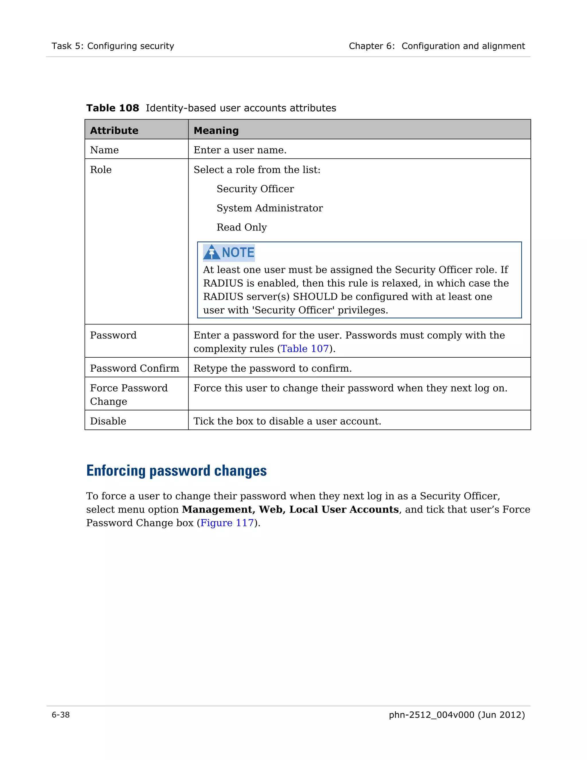 Task 5: Configuring security                                   Chapter 6: Configuration and alignment




       Table 108 Identity-based user accounts attributes

        Attribute              Meaning

        Name                   Enter a user name.

        Role                   Select a role from the list:
                                    Security Officer
                                    System Administrator
                                    Read Only



                                 At least one user must be assigned the Security Officer role. If
                                 RADIUS is enabled, then this rule is relaxed, in which case the
                                 RADIUS server(s) SHOULD be configured with at least one
                                 user with 'Security Officer' privileges.

        Password               Enter a password for the user. Passwords must comply with the
                               complexity rules (Table 107).

        Password Confirm       Retype the password to confirm.

        Force Password         Force this user to change their password when they next log on.
        Change

        Disable                Tick the box to disable a user account.




       Enforcing password changes
       To force a user to change their password when they next log in as a Security Officer,
       select menu option Management, Web, Local User Accounts, and tick that user’s Force
       Password Change box (Figure 117).




6-38                                                                     phn-2512_004v000 (Jun 2012)
 