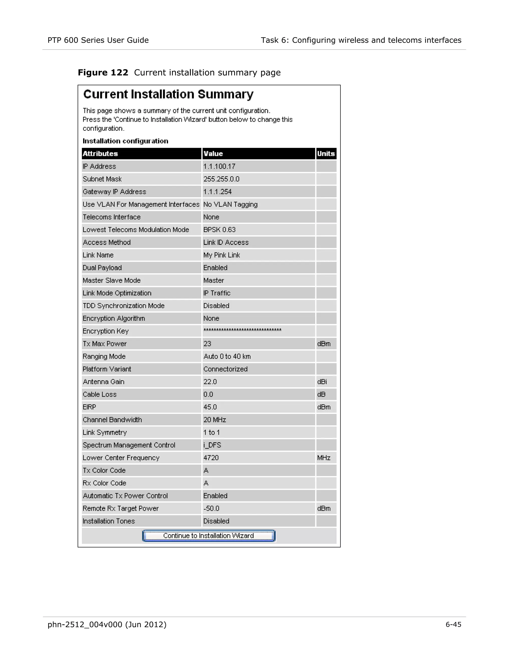 PTP 600 Series User Guide                     Task 6: Configuring wireless and telecoms interfaces



       Figure 122 Current installation summary page




phn-2512_004v000 (Jun 2012)                                                                  6-45
 