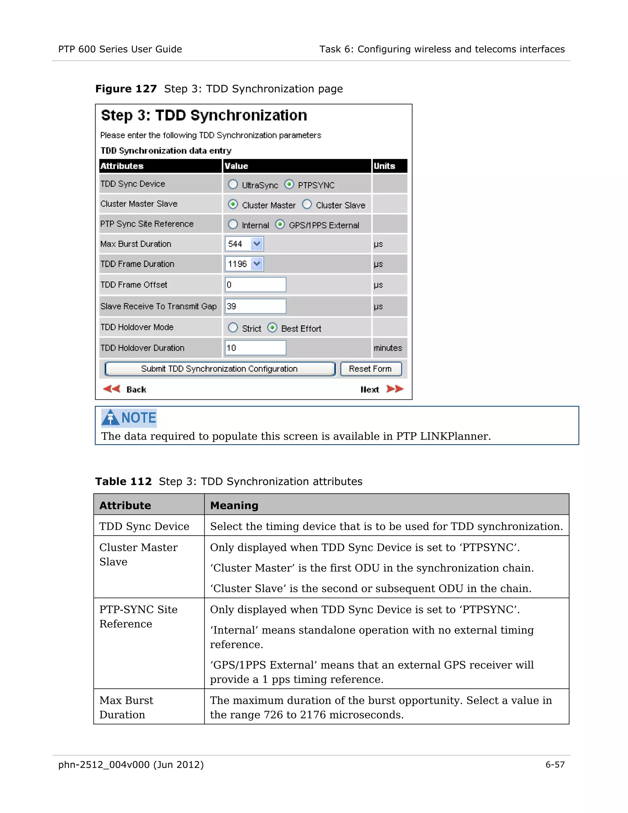 PTP 600 Series User Guide                          Task 6: Configuring wireless and telecoms interfaces



       Figure 127 Step 3: TDD Synchronization page




        The data required to populate this screen is available in PTP LINKPlanner.



       Table 112 Step 3: TDD Synchronization attributes

        Attribute             Meaning

        TDD Sync Device       Select the timing device that is to be used for TDD synchronization.

        Cluster Master        Only displayed when TDD Sync Device is set to ‘PTPSYNC’.
        Slave
                              ‘Cluster Master’ is the first ODU in the synchronization chain.
                              ‘Cluster Slave’ is the second or subsequent ODU in the chain.

        PTP-SYNC Site         Only displayed when TDD Sync Device is set to ‘PTPSYNC’.
        Reference
                              ‘Internal’ means standalone operation with no external timing
                              reference.
                              ‘GPS/1PPS External’ means that an external GPS receiver will
                              provide a 1 pps timing reference.

        Max Burst             The maximum duration of the burst opportunity. Select a value in
        Duration              the range 726 to 2176 microseconds.



phn-2512_004v000 (Jun 2012)                                                                       6-57
 