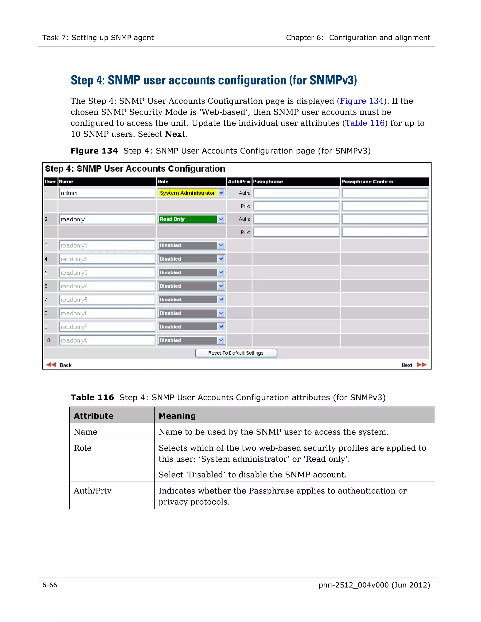 Task 7: Setting up SNMP agent                                  Chapter 6: Configuration and alignment




       Step 4: SNMP user accounts configuration (for SNMPv3)
       The Step 4: SNMP User Accounts Configuration page is displayed (Figure 134). If the
       chosen SNMP Security Mode is ‘Web-based’, then SNMP user accounts must be
       configured to access the unit. Update the individual user attributes (Table 116) for up to
       10 SNMP users. Select Next.

       Figure 134 Step 4: SNMP User Accounts Configuration page (for SNMPv3)




       Table 116 Step 4: SNMP User Accounts Configuration attributes (for SNMPv3)

        Attribute               Meaning

        Name                    Name to be used by the SNMP user to access the system.

        Role                    Selects which of the two web-based security profiles are applied to
                                this user: ‘System administrator’ or ‘Read only’.
                                Select ‘Disabled’ to disable the SNMP account.

        Auth/Priv               Indicates whether the Passphrase applies to authentication or
                                privacy protocols.




6-66                                                                    phn-2512_004v000 (Jun 2012)
 