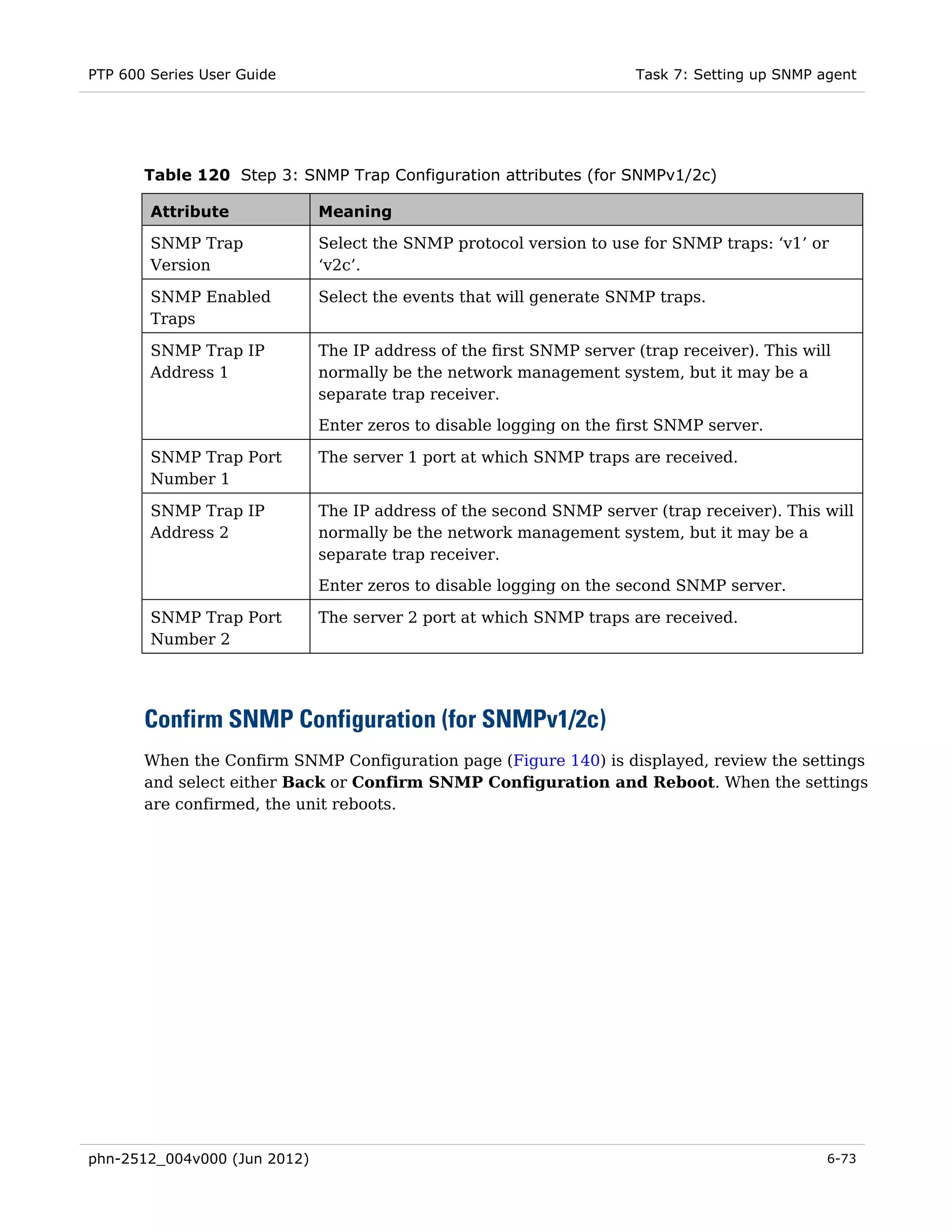 PTP 600 Series User Guide                                             Task 7: Setting up SNMP agent




       Table 120 Step 3: SNMP Trap Configuration attributes (for SNMPv1/2c)

        Attribute             Meaning

        SNMP Trap             Select the SNMP protocol version to use for SNMP traps: ‘v1’ or
        Version               ‘v2c’.

        SNMP Enabled          Select the events that will generate SNMP traps.
        Traps

        SNMP Trap IP          The IP address of the first SNMP server (trap receiver). This will
        Address 1             normally be the network management system, but it may be a
                              separate trap receiver.
                              Enter zeros to disable logging on the first SNMP server.

        SNMP Trap Port        The server 1 port at which SNMP traps are received.
        Number 1

        SNMP Trap IP          The IP address of the second SNMP server (trap receiver). This will
        Address 2             normally be the network management system, but it may be a
                              separate trap receiver.
                              Enter zeros to disable logging on the second SNMP server.

        SNMP Trap Port        The server 2 port at which SNMP traps are received.
        Number 2




       Confirm SNMP Configuration (for SNMPv1/2c)
       When the Confirm SNMP Configuration page (Figure 140) is displayed, review the settings
       and select either Back or Confirm SNMP Configuration and Reboot. When the settings
       are confirmed, the unit reboots.




phn-2512_004v000 (Jun 2012)                                                                    6-73
 