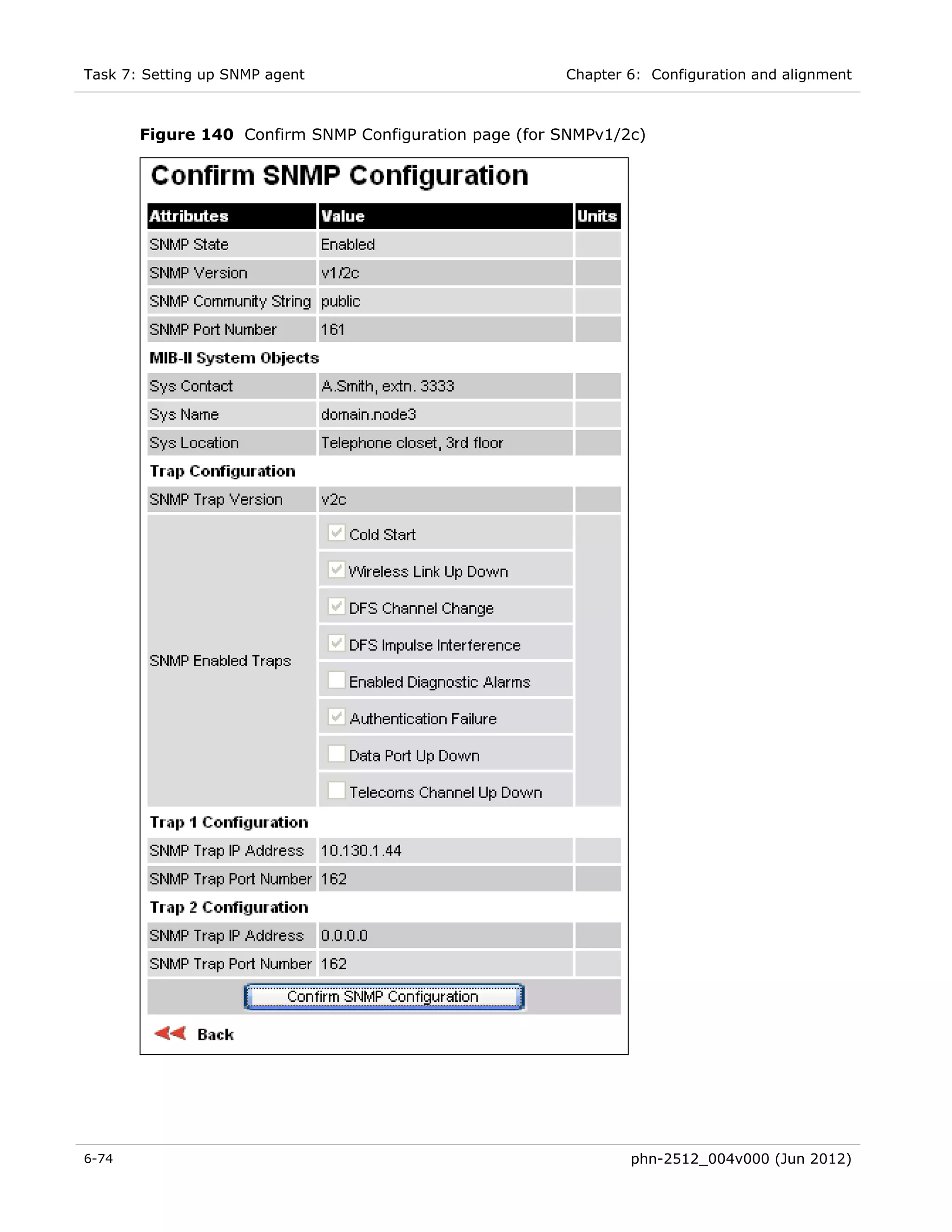 Task 7: Setting up SNMP agent                          Chapter 6: Configuration and alignment



       Figure 140 Confirm SNMP Configuration page (for SNMPv1/2c)




6-74                                                           phn-2512_004v000 (Jun 2012)
 