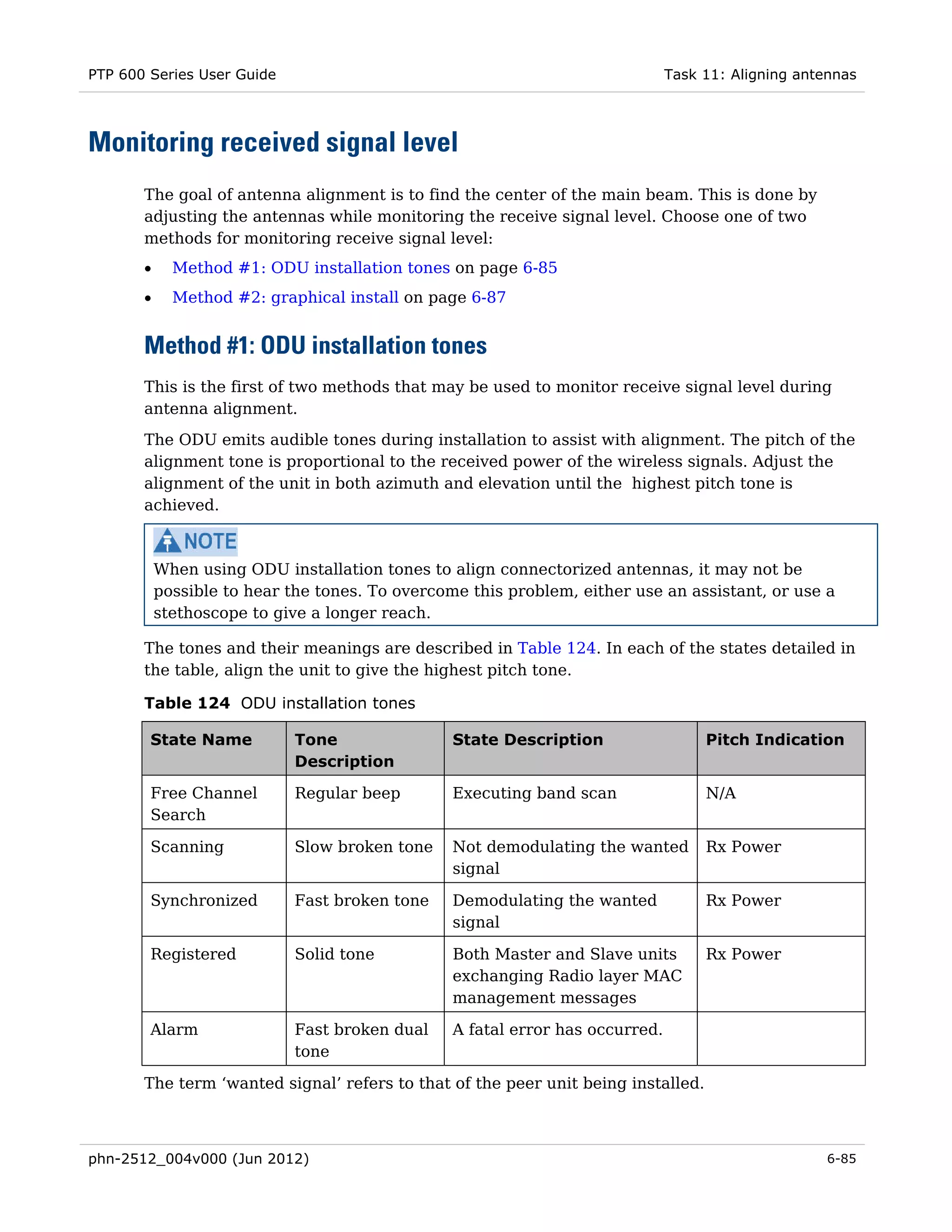 PTP 600 Series User Guide                                                      Task 11: Aligning antennas




Monitoring received signal level
       The goal of antenna alignment is to find the center of the main beam. This is done by
       adjusting the antennas while monitoring the receive signal level. Choose one of two
       methods for monitoring receive signal level:
       •     Method #1: ODU installation tones on page 6-85
       •     Method #2: graphical install on page 6-87


       Method #1: ODU installation tones
       This is the first of two methods that may be used to monitor receive signal level during
       antenna alignment.
       The ODU emits audible tones during installation to assist with alignment. The pitch of the
       alignment tone is proportional to the received power of the wireless signals. Adjust the
       alignment of the unit in both azimuth and elevation until the highest pitch tone is
       achieved.



           When using ODU installation tones to align connectorized antennas, it may not be
           possible to hear the tones. To overcome this problem, either use an assistant, or use a
           stethoscope to give a longer reach.

       The tones and their meanings are described in Table 124. In each of the states detailed in
       the table, align the unit to give the highest pitch tone.

       Table 124 ODU installation tones

        State Name           Tone                State Description                  Pitch Indication
                             Description

        Free Channel         Regular beep        Executing band scan                N/A
        Search

        Scanning             Slow broken tone    Not demodulating the wanted        Rx Power
                                                 signal

        Synchronized        Fast broken tone     Demodulating the wanted            Rx Power
                                                 signal

        Registered           Solid tone          Both Master and Slave units        Rx Power
                                                 exchanging Radio layer MAC
                                                 management messages

        Alarm                Fast broken dual    A fatal error has occurred.
                             tone

       The term ‘wanted signal’ refers to that of the peer unit being installed.



phn-2512_004v000 (Jun 2012)                                                                          6-85
 
