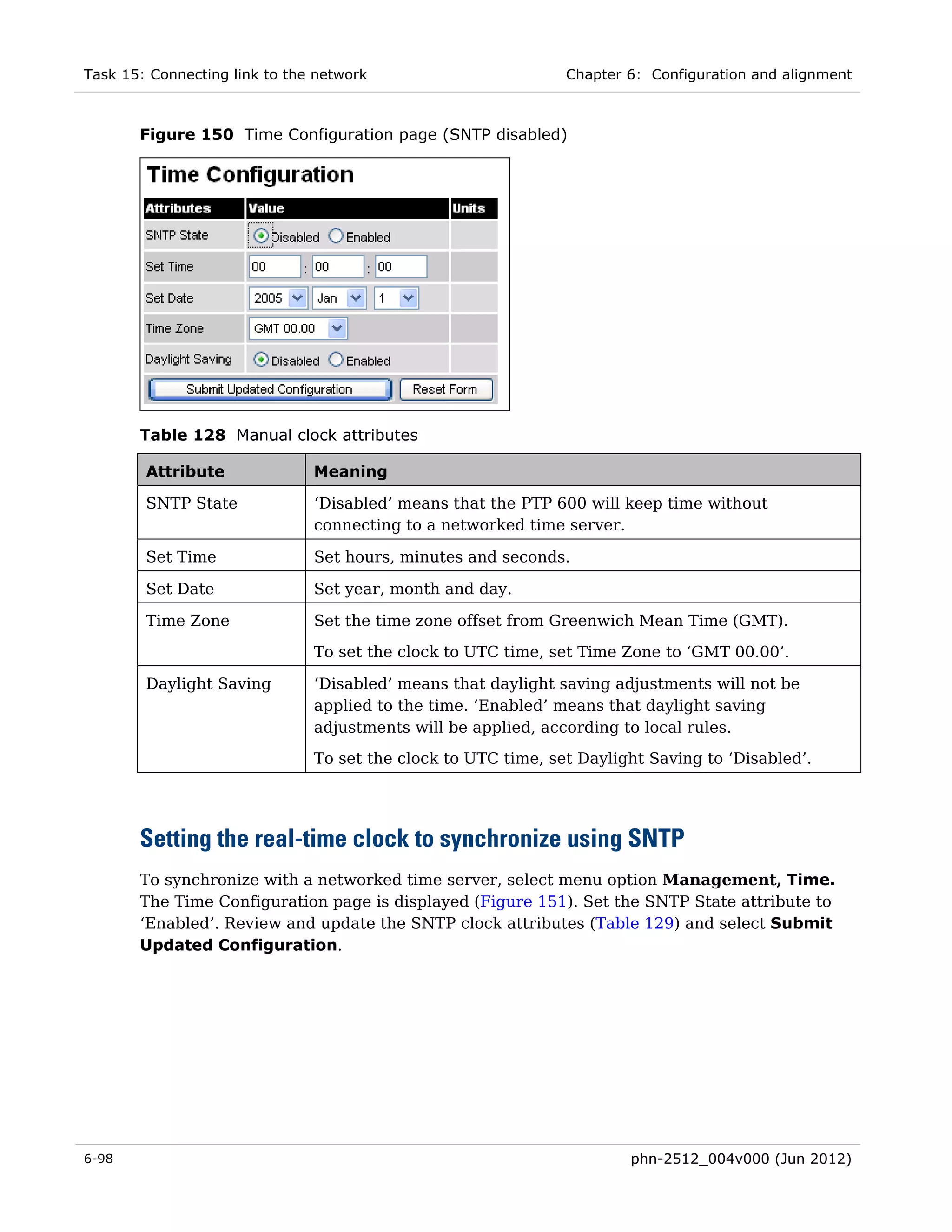 Task 15: Connecting link to the network                        Chapter 6: Configuration and alignment



       Figure 150 Time Configuration page (SNTP disabled)




       Table 128 Manual clock attributes

        Attribute              Meaning

        SNTP State             ‘Disabled’ means that the PTP 600 will keep time without
                               connecting to a networked time server.

        Set Time               Set hours, minutes and seconds.

        Set Date               Set year, month and day.

        Time Zone              Set the time zone offset from Greenwich Mean Time (GMT).

                               To set the clock to UTC time, set Time Zone to ‘GMT 00.00’.

        Daylight Saving        ‘Disabled’ means that daylight saving adjustments will not be
                               applied to the time. ‘Enabled’ means that daylight saving
                               adjustments will be applied, according to local rules.
                               To set the clock to UTC time, set Daylight Saving to ‘Disabled’.




       Setting the real-time clock to synchronize using SNTP
       To synchronize with a networked time server, select menu option Management, Time.
       The Time Configuration page is displayed (Figure 151). Set the SNTP State attribute to
       ‘Enabled’. Review and update the SNTP clock attributes (Table 129) and select Submit
       Updated Configuration.




6-98                                                                   phn-2512_004v000 (Jun 2012)
 