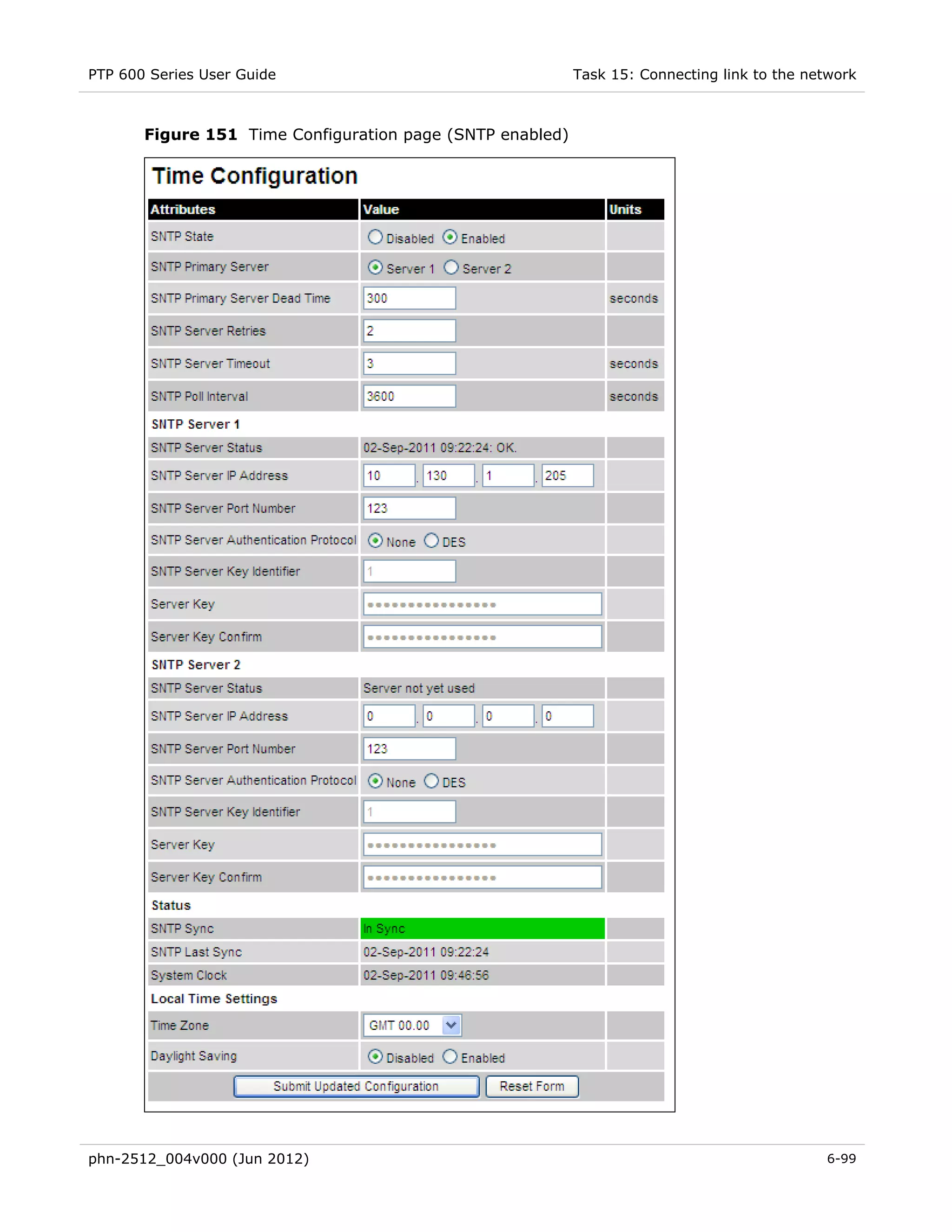 PTP 600 Series User Guide                                  Task 15: Connecting link to the network



       Figure 151 Time Configuration page (SNTP enabled)




phn-2512_004v000 (Jun 2012)                                                                  6-99
 