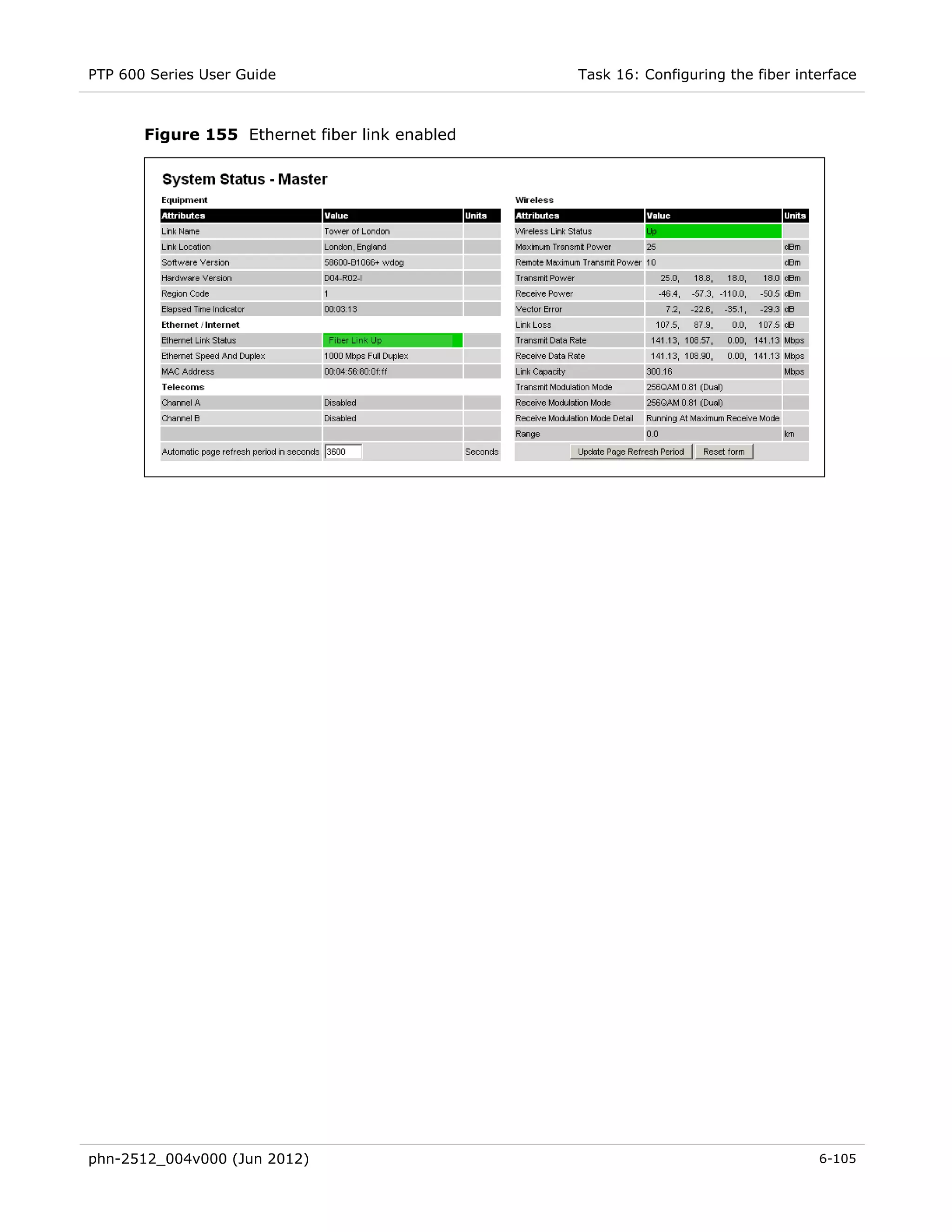 PTP 600 Series User Guide                       Task 16: Configuring the fiber interface



       Figure 155 Ethernet fiber link enabled




phn-2512_004v000 (Jun 2012)                                                       6-105
 