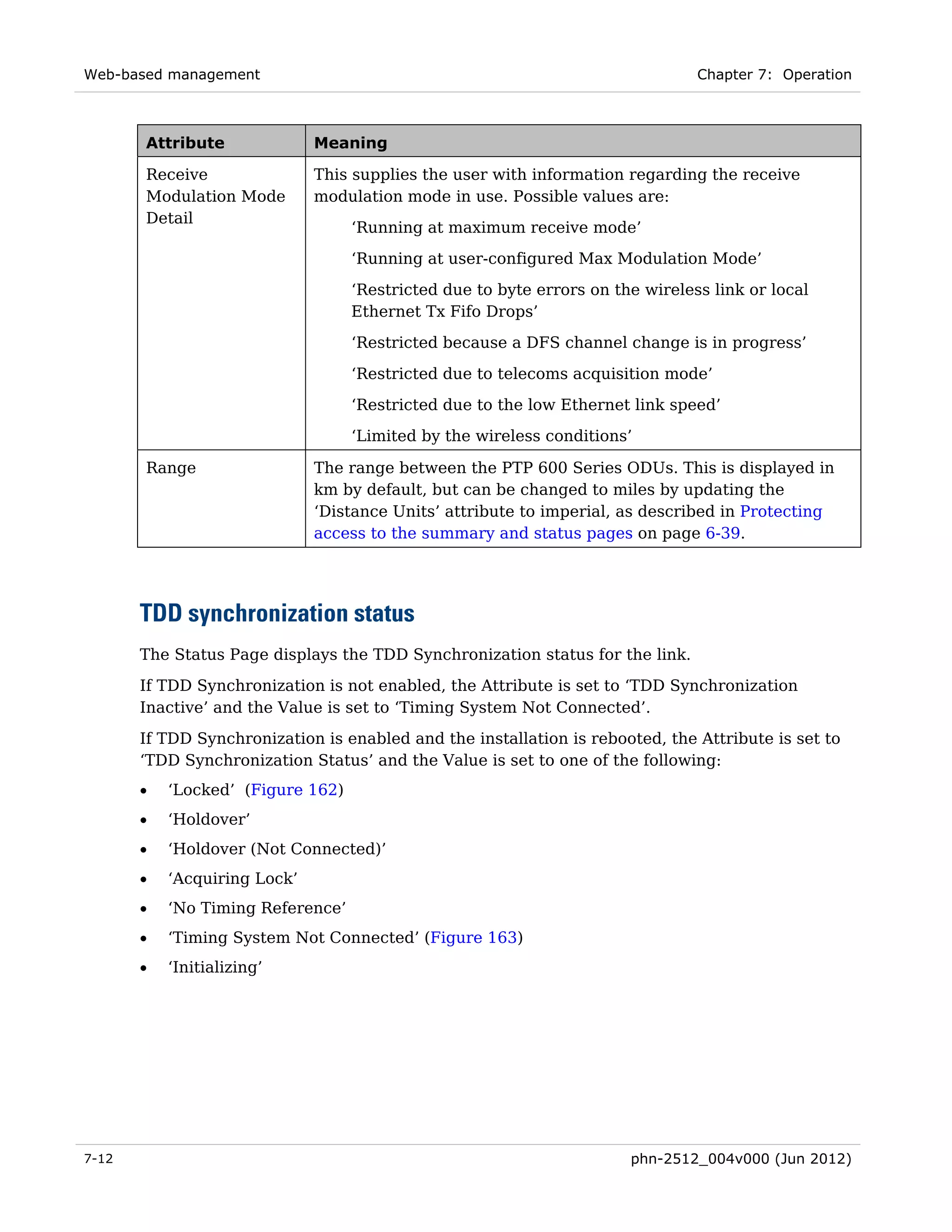 Web-based management                                                            Chapter 7: Operation



       Attribute              Meaning

       Receive                This supplies the user with information regarding the receive
       Modulation Mode        modulation mode in use. Possible values are:
       Detail
                                   ‘Running at maximum receive mode’
                                   ‘Running at user-configured Max Modulation Mode’
                                   ‘Restricted due to byte errors on the wireless link or local
                                   Ethernet Tx Fifo Drops’
                                   ‘Restricted because a DFS channel change is in progress’

                                   ‘Restricted due to telecoms acquisition mode’
                                   ‘Restricted due to the low Ethernet link speed’
                                   ‘Limited by the wireless conditions’

       Range                  The range between the PTP 600 Series ODUs. This is displayed in
                              km by default, but can be changed to miles by updating the
                              ‘Distance Units’ attribute to imperial, as described in Protecting
                              access to the summary and status pages on page 6-39.




       TDD synchronization status
       The Status Page displays the TDD Synchronization status for the link.
       If TDD Synchronization is not enabled, the Attribute is set to ‘TDD Synchronization
       Inactive’ and the Value is set to ‘Timing System Not Connected’.
       If TDD Synchronization is enabled and the installation is rebooted, the Attribute is set to
       ‘TDD Synchronization Status’ and the Value is set to one of the following:
       •   ‘Locked’ (Figure 162)
       •   ‘Holdover’
       •   ‘Holdover (Not Connected)’
       •   ‘Acquiring Lock’
       •   ‘No Timing Reference’
       •   ‘Timing System Not Connected’ (Figure 163)
       •   ‘Initializing’




7-12                                                                   phn-2512_004v000 (Jun 2012)
 