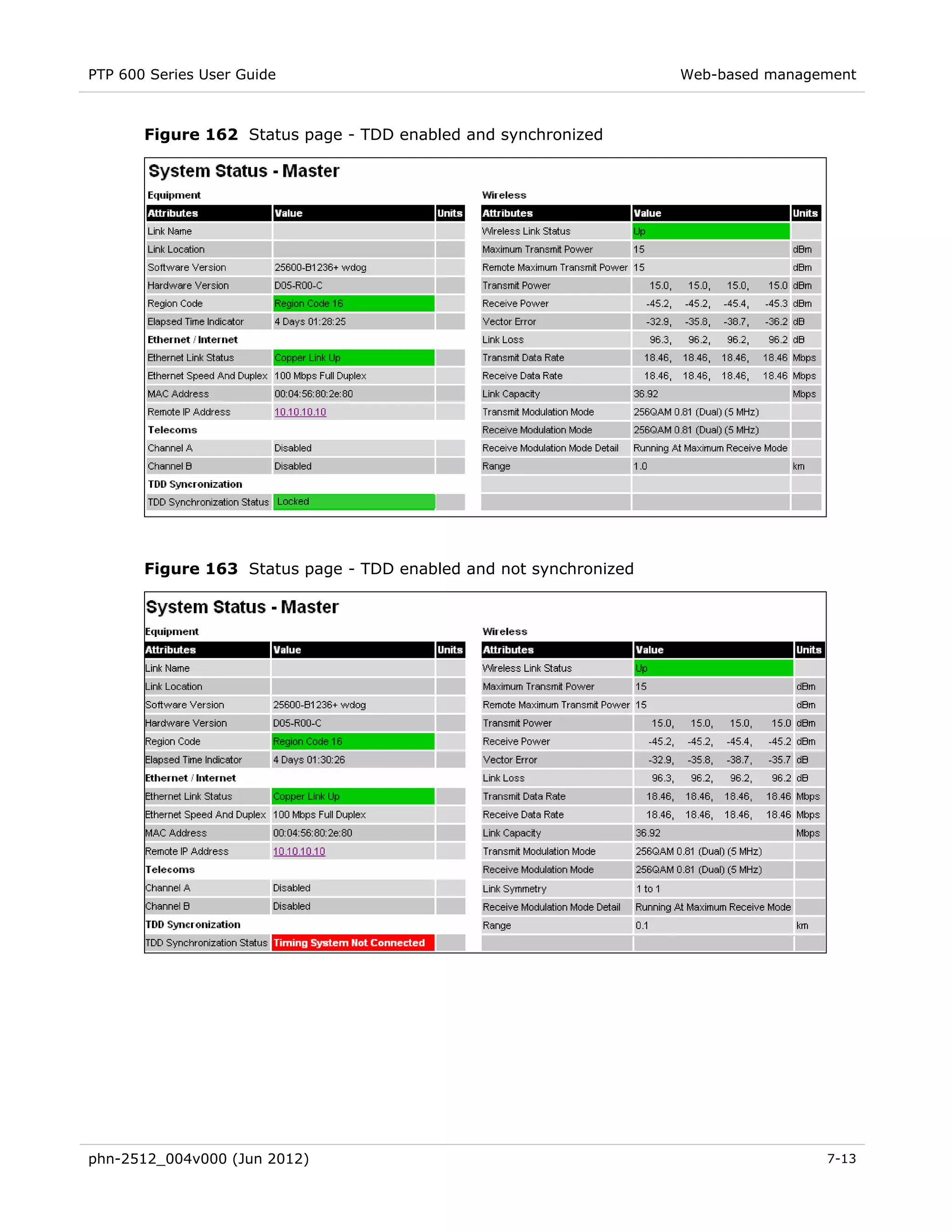 PTP 600 Series User Guide                                          Web-based management



       Figure 162 Status page - TDD enabled and synchronized




       Figure 163 Status page - TDD enabled and not synchronized




phn-2512_004v000 (Jun 2012)                                                        7-13
 