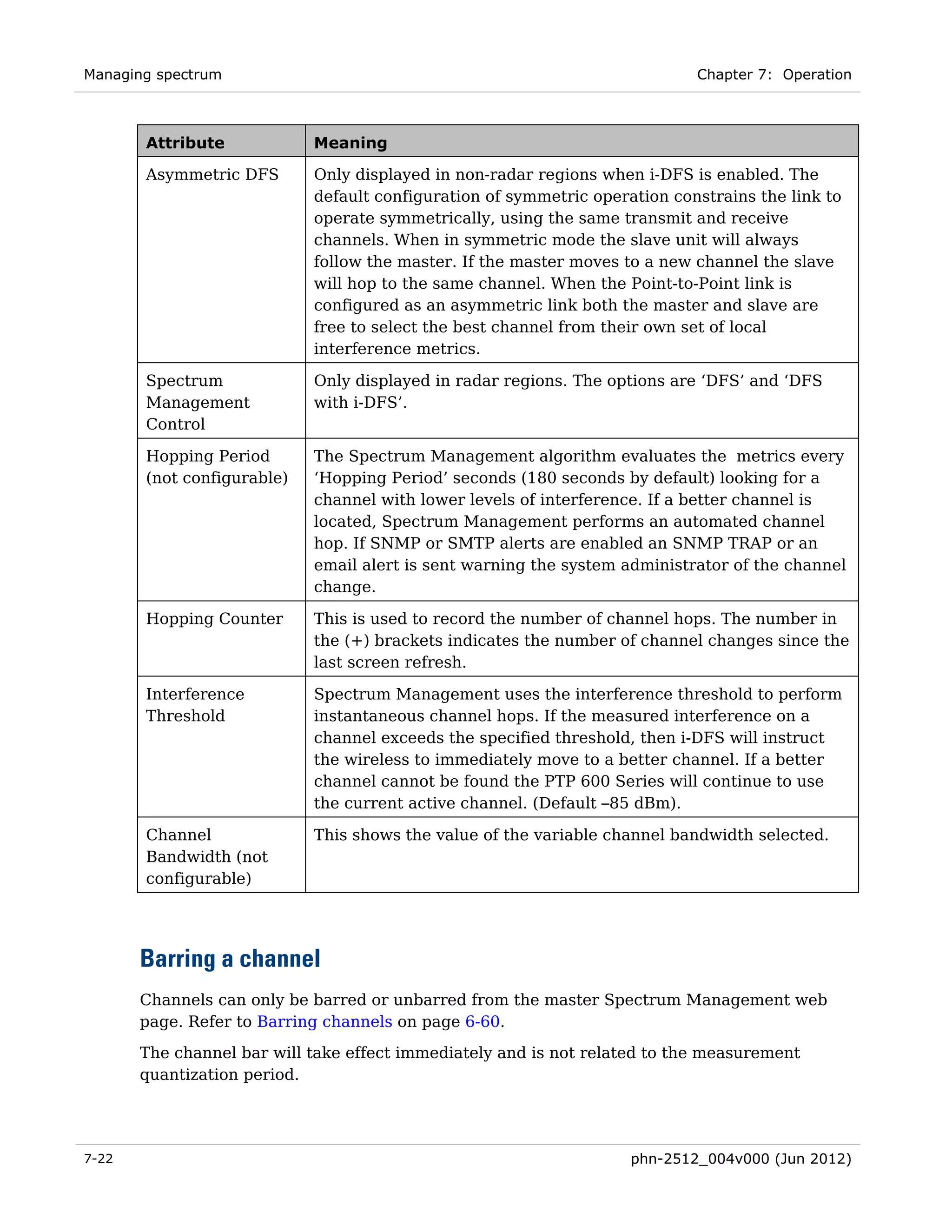 Managing spectrum                                                           Chapter 7: Operation



       Attribute            Meaning

       Asymmetric DFS       Only displayed in non-radar regions when i-DFS is enabled. The
                            default configuration of symmetric operation constrains the link to
                            operate symmetrically, using the same transmit and receive
                            channels. When in symmetric mode the slave unit will always
                            follow the master. If the master moves to a new channel the slave
                            will hop to the same channel. When the Point-to-Point link is
                            configured as an asymmetric link both the master and slave are
                            free to select the best channel from their own set of local
                            interference metrics.

       Spectrum             Only displayed in radar regions. The options are ‘DFS’ and ‘DFS
       Management           with i-DFS’.
       Control

       Hopping Period       The Spectrum Management algorithm evaluates the metrics every
       (not configurable)   ‘Hopping Period’ seconds (180 seconds by default) looking for a
                            channel with lower levels of interference. If a better channel is
                            located, Spectrum Management performs an automated channel
                            hop. If SNMP or SMTP alerts are enabled an SNMP TRAP or an
                            email alert is sent warning the system administrator of the channel
                            change.

       Hopping Counter      This is used to record the number of channel hops. The number in
                            the (+) brackets indicates the number of channel changes since the
                            last screen refresh.

       Interference         Spectrum Management uses the interference threshold to perform
       Threshold            instantaneous channel hops. If the measured interference on a
                            channel exceeds the specified threshold, then i-DFS will instruct
                            the wireless to immediately move to a better channel. If a better
                            channel cannot be found the PTP 600 Series will continue to use
                            the current active channel. (Default –85 dBm).

       Channel              This shows the value of the variable channel bandwidth selected.
       Bandwidth (not
       configurable)




       Barring a channel
       Channels can only be barred or unbarred from the master Spectrum Management web
       page. Refer to Barring channels on page 6-60.

       The channel bar will take effect immediately and is not related to the measurement
       quantization period.




7-22                                                                phn-2512_004v000 (Jun 2012)
 