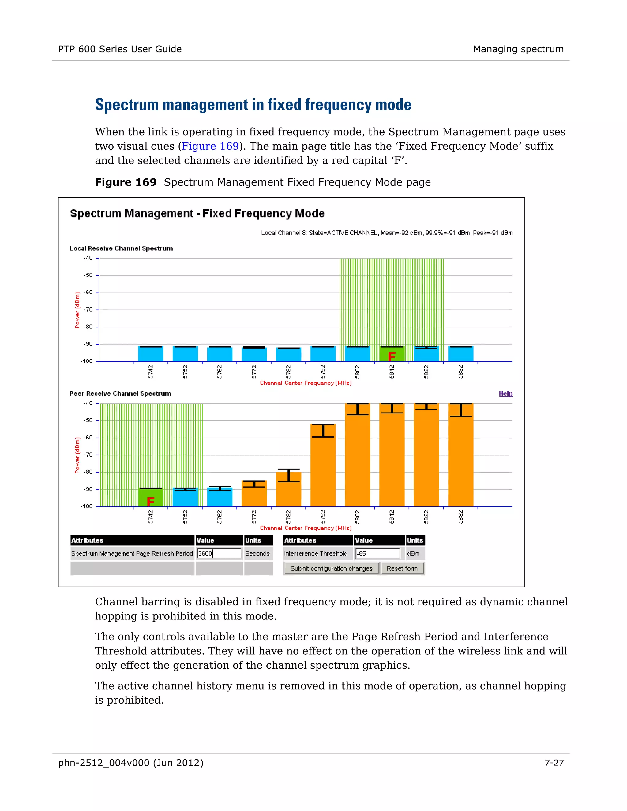 PTP 600 Series User Guide                                                        Managing spectrum




       Spectrum management in fixed frequency mode
       When the link is operating in fixed frequency mode, the Spectrum Management page uses
       two visual cues (Figure 169). The main page title has the ‘Fixed Frequency Mode’ suffix
       and the selected channels are identified by a red capital ‘F’.

       Figure 169 Spectrum Management Fixed Frequency Mode page




       Channel barring is disabled in fixed frequency mode; it is not required as dynamic channel
       hopping is prohibited in this mode.
       The only controls available to the master are the Page Refresh Period and Interference
       Threshold attributes. They will have no effect on the operation of the wireless link and will
       only effect the generation of the channel spectrum graphics.
       The active channel history menu is removed in this mode of operation, as channel hopping
       is prohibited.




phn-2512_004v000 (Jun 2012)                                                                    7-27
 