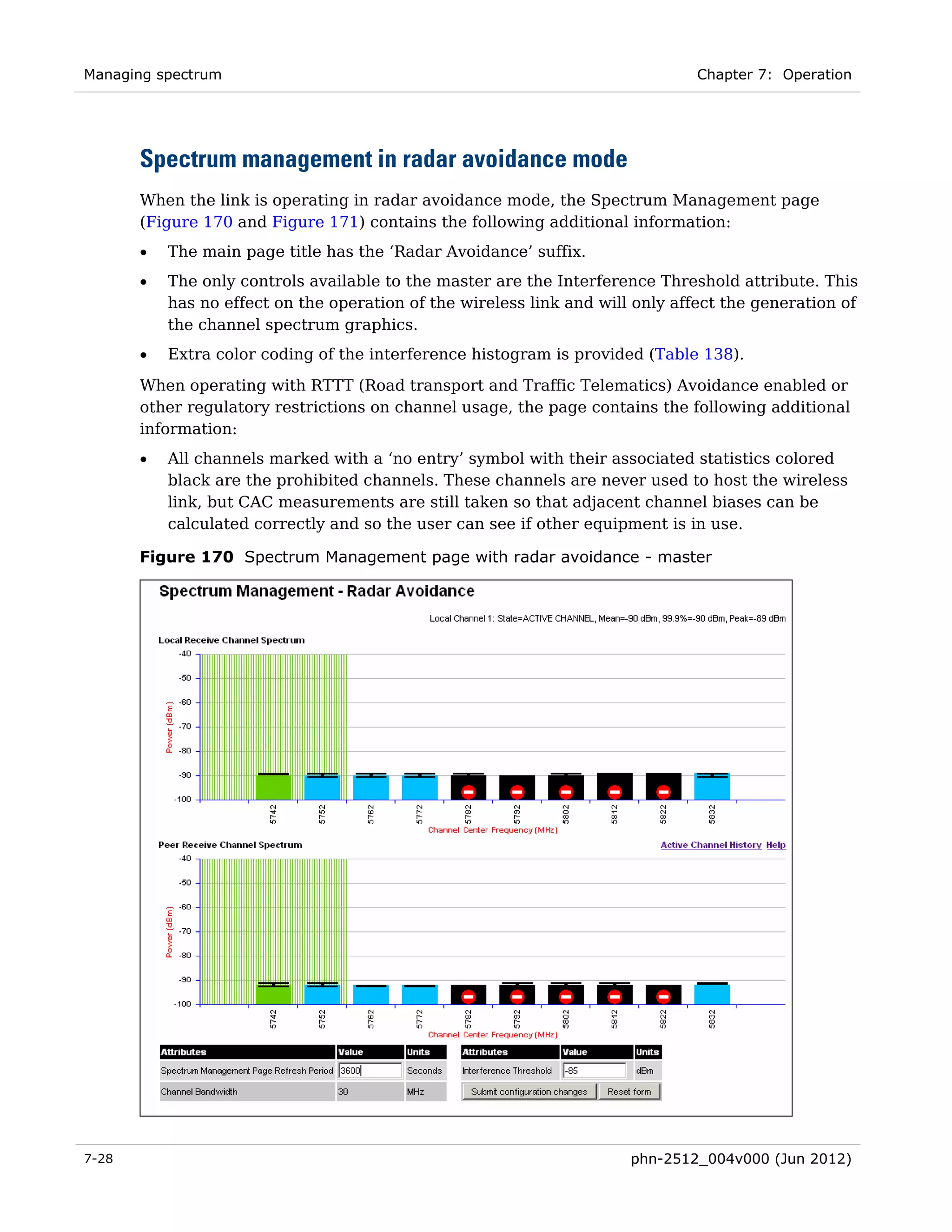 Managing spectrum                                                               Chapter 7: Operation




       Spectrum management in radar avoidance mode
       When the link is operating in radar avoidance mode, the Spectrum Management page
       (Figure 170 and Figure 171) contains the following additional information:
       •   The main page title has the ‘Radar Avoidance’ suffix.
       •   The only controls available to the master are the Interference Threshold attribute. This
           has no effect on the operation of the wireless link and will only affect the generation of
           the channel spectrum graphics.
       •   Extra color coding of the interference histogram is provided (Table 138).
       When operating with RTTT (Road transport and Traffic Telematics) Avoidance enabled or
       other regulatory restrictions on channel usage, the page contains the following additional
       information:
       •   All channels marked with a ‘no entry’ symbol with their associated statistics colored
           black are the prohibited channels. These channels are never used to host the wireless
           link, but CAC measurements are still taken so that adjacent channel biases can be
           calculated correctly and so the user can see if other equipment is in use.

       Figure 170 Spectrum Management page with radar avoidance - master




7-28                                                                   phn-2512_004v000 (Jun 2012)
 