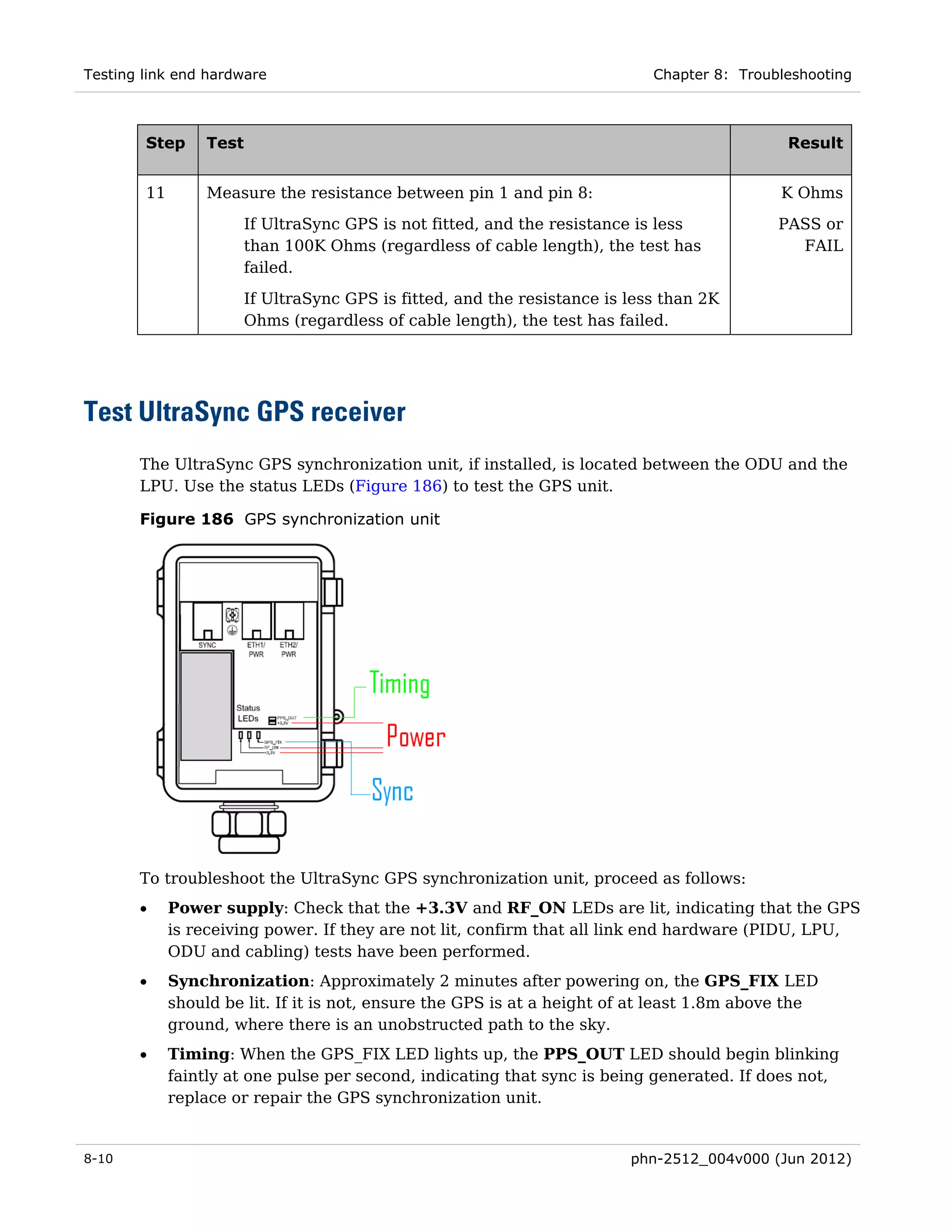 Testing link end hardware                                                   Chapter 8: Troubleshooting



        Step      Test                                                                        Result


        11        Measure the resistance between pin 1 and pin 8:                            K Ohms

                      If UltraSync GPS is not fitted, and the resistance is less            PASS or
                      than 100K Ohms (regardless of cable length), the test has               FAIL
                      failed.
                      If UltraSync GPS is fitted, and the resistance is less than 2K
                      Ohms (regardless of cable length), the test has failed.




Test UltraSync GPS receiver
       The UltraSync GPS synchronization unit, if installed, is located between the ODU and the
       LPU. Use the status LEDs (Figure 186) to test the GPS unit.

       Figure 186 GPS synchronization unit




       To troubleshoot the UltraSync GPS synchronization unit, proceed as follows:
       •     Power supply: Check that the +3.3V and RF_ON LEDs are lit, indicating that the GPS
             is receiving power. If they are not lit, confirm that all link end hardware (PIDU, LPU,
             ODU and cabling) tests have been performed.
       •     Synchronization: Approximately 2 minutes after powering on, the GPS_FIX LED
             should be lit. If it is not, ensure the GPS is at a height of at least 1.8m above the
             ground, where there is an unobstructed path to the sky.
       •     Timing: When the GPS_FIX LED lights up, the PPS_OUT LED should begin blinking
             faintly at one pulse per second, indicating that sync is being generated. If does not,
             replace or repair the GPS synchronization unit.


8-10                                                                     phn-2512_004v000 (Jun 2012)
 
