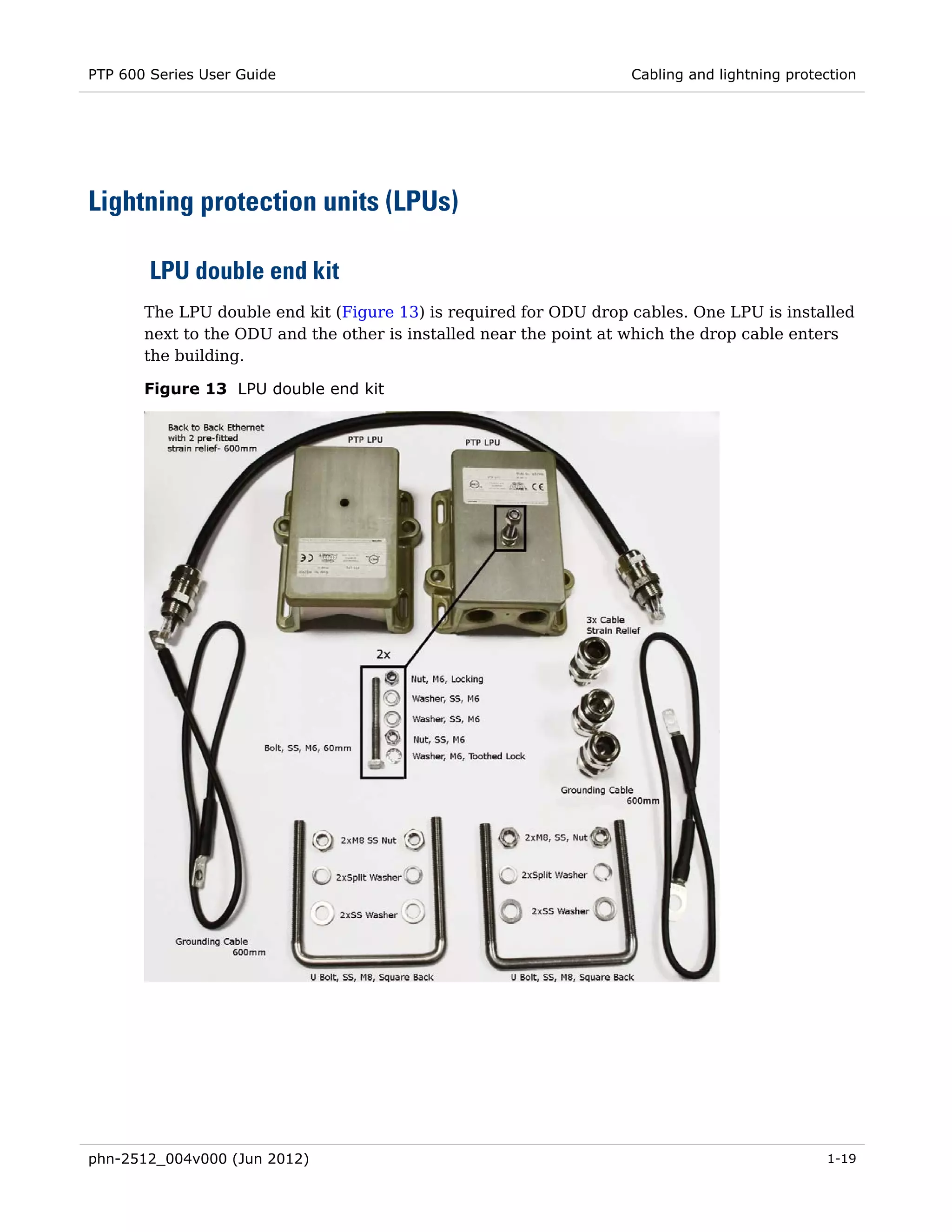 PTP 600 Series User Guide                                          Cabling and lightning protection




Lightning protection units (LPUs)

        LPU double end kit
       The LPU double end kit (Figure 13) is required for ODU drop cables. One LPU is installed
       next to the ODU and the other is installed near the point at which the drop cable enters
       the building.

       Figure 13 LPU double end kit




phn-2512_004v000 (Jun 2012)                                                                   1-19
 