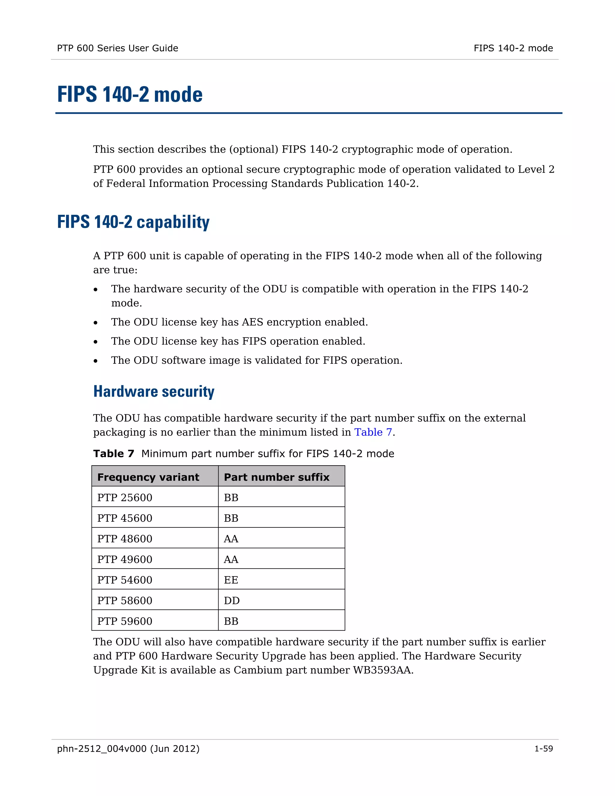 PTP 600 Series User Guide                                                        FIPS 140-2 mode




FIPS 140-2 mode

       This section describes the (optional) FIPS 140-2 cryptographic mode of operation.
       PTP 600 provides an optional secure cryptographic mode of operation validated to Level 2
       of Federal Information Processing Standards Publication 140-2.



FIPS 140-2 capability
       A PTP 600 unit is capable of operating in the FIPS 140-2 mode when all of the following
       are true:
       •   The hardware security of the ODU is compatible with operation in the FIPS 140-2
           mode.
       •   The ODU license key has AES encryption enabled.
       •   The ODU license key has FIPS operation enabled.
       •   The ODU software image is validated for FIPS operation.


       Hardware security
       The ODU has compatible hardware security if the part number suffix on the external
       packaging is no earlier than the minimum listed in Table 7.

       Table 7 Minimum part number suffix for FIPS 140-2 mode

        Frequency variant       Part number suffix

        PTP 25600               BB

        PTP 45600               BB

        PTP 48600               AA

        PTP 49600               AA

        PTP 54600               EE

        PTP 58600               DD

        PTP 59600               BB

       The ODU will also have compatible hardware security if the part number suffix is earlier
       and PTP 600 Hardware Security Upgrade has been applied. The Hardware Security
       Upgrade Kit is available as Cambium part number WB3593AA.




phn-2512_004v000 (Jun 2012)                                                                  1-59
 