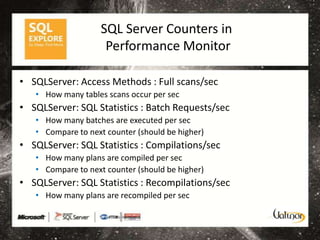 SQL Server Counters in
                     Performance Monitor

• SQLServer: Access Methods : Full scans/sec
   • How many tables scans occur per sec
• SQLServer: SQL Statistics : Batch Requests/sec
   • How many batches are executed per sec
   • Compare to next counter (should be higher)
• SQLServer: SQL Statistics : Compilations/sec
   • How many plans are compiled per sec
   • Compare to next counter (should be higher)
• SQLServer: SQL Statistics : Recompilations/sec
   • How many plans are recompiled per sec
 