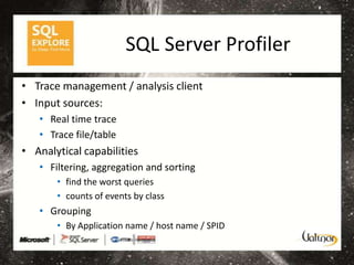 SQL Server Profiler
• Trace management / analysis client
• Input sources:
   • Real time trace
   • Trace file/table
• Analytical capabilities
   • Filtering, aggregation and sorting
       • find the worst queries
       • counts of events by class
   • Grouping
       • By Application name / host name / SPID
 