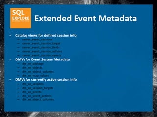 Extended Event Metadata
•   Catalog views for defined session info
     –   server_event_sessions
     –   server_event_session_target
     –   server_event_session_fields
     –   server_event_session_actions
     –   server_event_session_events
•   DMVs for Event System Metadata
     –   dm_xe_package
     –   dm_xe_objects
     –   dm_xe_object_columns
     –   dm_xe_map_values
•   DMVs for currently active session info
     –   dm_xe_sessions
     –   dm_xe_session_targets
     –   dm_xe_events
     –   dm_xe_event_actions
     –   dm_xe_object_columns
 