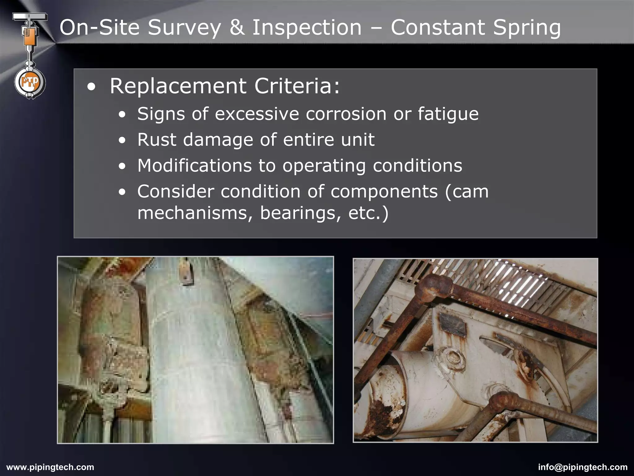 On-Site Survey & Inspection – Constant Spring Replacement Criteria: Signs of excessive corrosion or fatigue Rust damage of entire unit Modifications to operating conditions Consider condition of components (cam mechanisms, bearings, etc.) 
