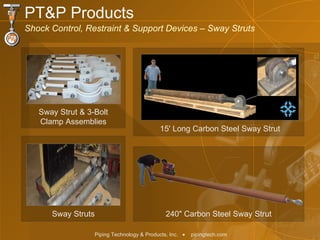 PT&P Products Shock Control, Restraint & Support Devices – Sway Struts 15' Long Carbon Steel Sway Strut Sway Strut & 3-Bolt Clamp Assemblies 240" Carbon Steel Sway Strut Sway Struts 