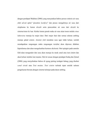 dengan pendapat Mukhtar (2006) yang menyatakan bahwa proses sintesis air susu

oleh sel-sel epitel “glandula lactifera” dan proses mengalirnya air susu dari

sitoplasma ke lumen alveoli serta pencurahan air susu dari alveoli ke

sisterna/sinus ke luar. Ketika lumen penuh maka air susu akan turun melalu sinus

laktoverus menuju ke major duct. Dari major duct dan semua saluran ambing

menuju gland cistern. Annular fold menahan susu agar tidak keluar, setelah

mendapatkan rangsangan maka rangsangan tersebut akan diproses didalam

hipotalamus dan akan mengeluarkan hormon oksitosin. Otot spingter pada annular

fold akan mengendor dan susu akan menuju ke steak canal atau teat cistern dan

akan keluar melalui teat meatus. Hal ini sesuai dengan pendapat Sodiq dan Zainal

(2008) yang menyebutkan bahwa di ujung putting terdapat lubang yang disebut

canal streak atau Teat meatus. Teat cistern terletak tepat setelah saluran

pengeluaran bersatu dengan sisterne kelenjar pada dasar ambing.
 