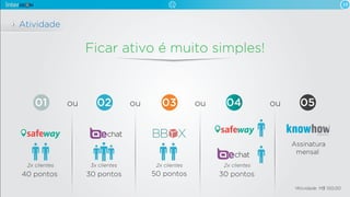 19
Atividade
Ficar ativo é muito simples!
2x clientes
40 pontos 30 pontos 50 pontos 30 pontos
01
safeway
3x clientes
02
2x clientes
03
2x clientes
safeway
04
Assinatura
mensal
05
network
ou ou ou ou
*Atividade: M$ 150,00.
 