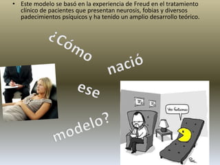• Este modelo se basó en la experiencia de Freud en el tratamiento 
clínico de pacientes que presentan neurosis, fobias y diversos 
padecimientos psíquicos y ha tenido un amplio desarrollo teórico. 
