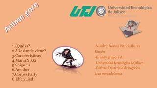 -Nombre: Norma Patricia Ibarra
Rincón
-Grado y grupo: 1-A
-Universidad tecnológica de Jalisco
-Carrera: Desarrollo de negocios
área mercadotecnia
1.¿Qué es?
2.¿De dónde viene?
3.Características
4.Marai Nikki
5.Shigurui
6.Another
7.Corpse Party
8.Elfen Lied
 