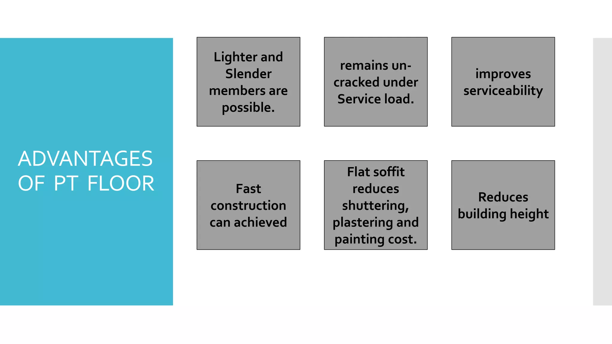 ADVANTAGES
OF PT FLOOR
Lighter and
Slender
members are
possible.
remains un-
cracked under
Service load.
improves
serviceability
Fast
construction
can achieved
Flat soffit
reduces
shuttering,
plastering and
painting cost.
Reduces
building height
 