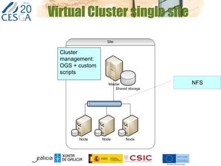 Virtual Cluster single site
NFS
Cluster
management:
OGS + custom
scripts
 