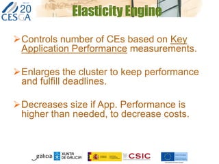 Elasticity Engine
Controls number of CEs based on Key
Application Performance measurements.
Enlarges the cluster to keep performance
and fulfill deadlines.
Decreases size if App. Performance is
higher than needed, to decrease costs.
 