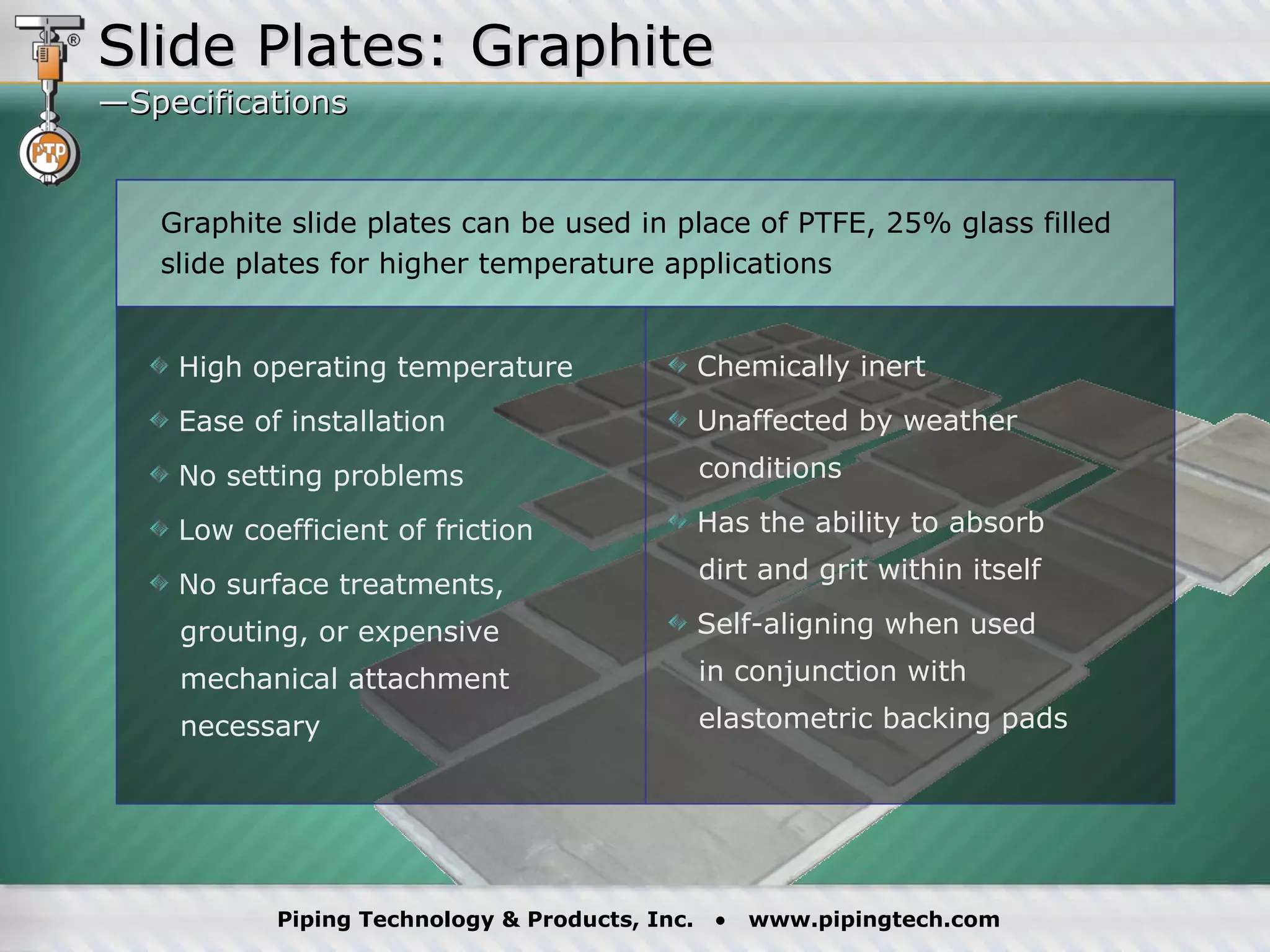 Slide Plates: Graphite —Specifications Graphite slide plates can be used in place of PTFE, 25% glass filled slide plates for higher temperature applications High operating temperature Ease of installation No setting problems Low coefficient of friction No surface treatments,    grouting, or expensive    mechanical attachment    necessary Chemically inert Unaffected by weather   conditions Has the ability to absorb   dirt and grit within itself Self-aligning when used   in conjunction with   elastometric backing pads 
