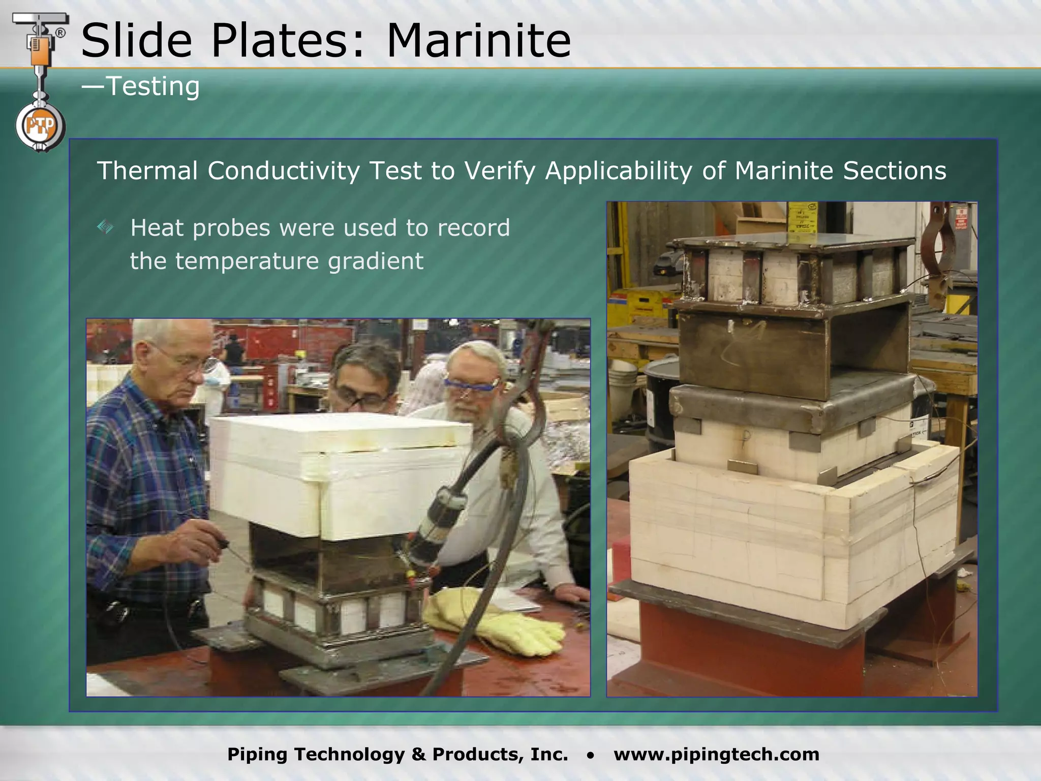Slide Plates: Marinite —Testing  Thermal Conductivity Test to Verify Applicability of Marinite Sections Heat probes were used to record    the temperature gradient 
