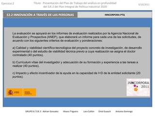 Ejercicio 2               Título : Presentación del Plan de Trabajo del análisis en profundidad                       3/10/2011
                                   del EJE 2 del Plan Integral de Política Industrial 2020

    E2.2 INNOVACIÓN A TRAVÉS DE LAS PERSONAS                                               INNCORPORA-PTQ




         La evaluación se apoyará en los informes de evaluación realizados por la Agencia Nacional de
         Evaluación y Prospectiva (ANEP), que elaborará un informe para cada una de las solicitudes, de
         acuerdo con los siguientes criterios de evaluación y ponderaciones:

         a) Calidad y viabilidad científico-tecnológica del proyecto concreto de investigación, de desarrollo
         experimental o del estudio de viabilidad técnica previo a cuya realización se asigna el doctor
         contratado (40 puntos).

         b) Currículum vítae del investigador y adecuación de su formación y experiencia a las tareas a
         realizar (40 puntos).

         c) Impacto y efecto incentivador de la ayuda en la capacidad de I+D de la entidad solicitante (20
         puntos).




                  GRUPO 6 / EJE 2 : Adrian Gonzalez   Alvaro Triguero   Lara Cañón   Oriol Guasch   Antonio Domingo
 