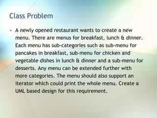 Class Problem A newly opened restaurant wants to create a new menu. There are menus for breakfast, lunch & dinner. Each menu has sub-categories such as sub-menu for pancakes in breakfast, sub-menu for chicken and vegetable dishes in lunch & dinner and a sub-menu for desserts. Any menu can be extended further with more categories. The menu should also support an iterator which could print the whole menu. Create a UML based design for this requirement. 