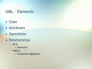 UML – Elements Class Attributes Operations Relationships IS-A Inheritance HAS-A Composition/Aggregation 