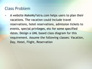 Class Problem  A website MakeMyYatra.com helps users to plan their vacations. The vacation could include travel reservations, hotel reservations, admission tickets to events, special privileges, etc for some specified dates. Design a UML based class diagram for this requirement. Assume the following classes: Vacation, Day, Hotel, Flight, Reservation 