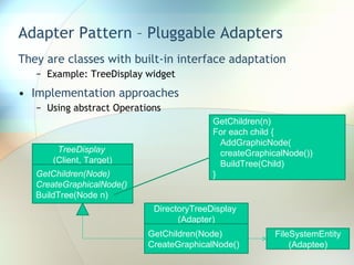 Adapter Pattern – Pluggable Adapters They are classes with built-in interface adaptation Example: TreeDisplay widget Implementation approaches Using abstract Operations TreeDisplay  (Client, Target) GetChildren(Node) CreateGraphicalNode() BuildTree(Node n) DirectoryTreeDisplay  (Adapter) GetChildren(Node) CreateGraphicalNode() FileSystemEntity (Adaptee) GetChildren(n) For each child { AddGraphicNode( createGraphicalNode()) BuildTree(Child) } 
